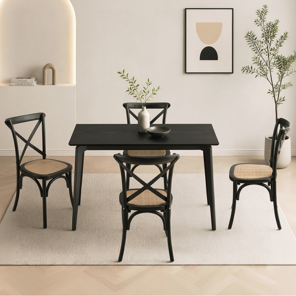 Oikiture 5PCS Dining Table Set Rectangle Table and Rubberwood Dining Chairs