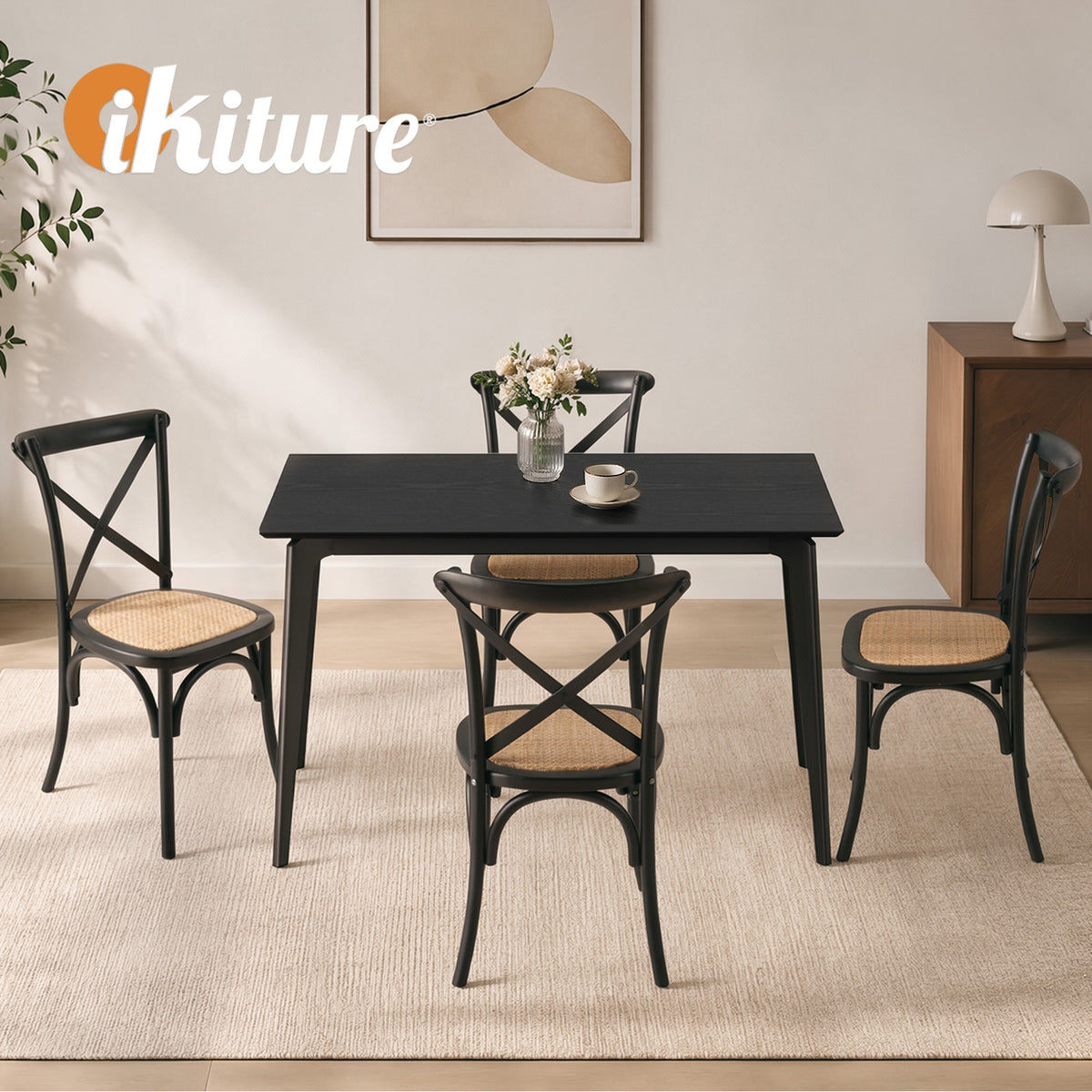 Oikiture 5PCS Dining Table Set Rectangle Table and Rubberwood Dining Chairs
