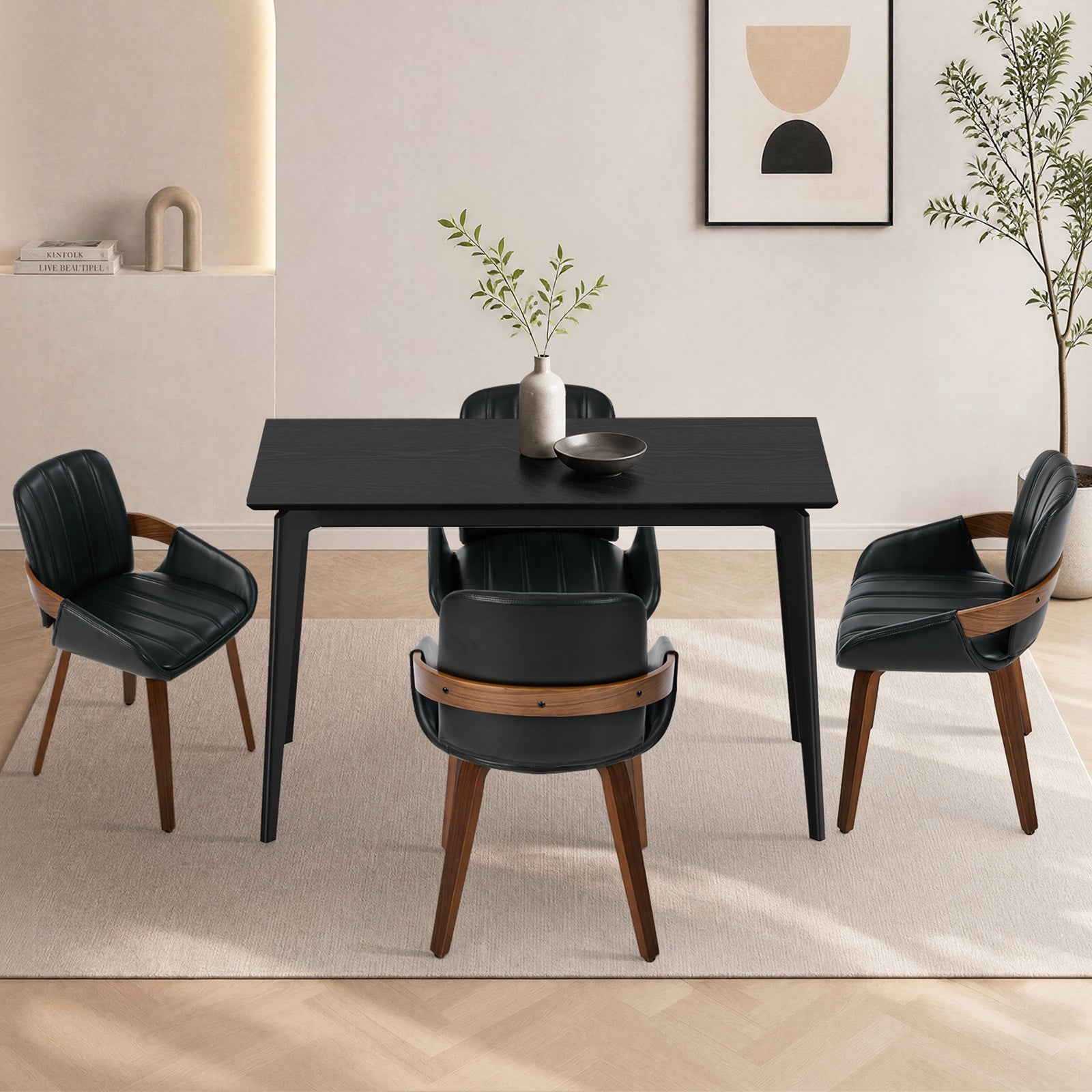 Oikiture 5PCS Dining Table Set 120cm Dining Table 4 Faux Leather Chairs