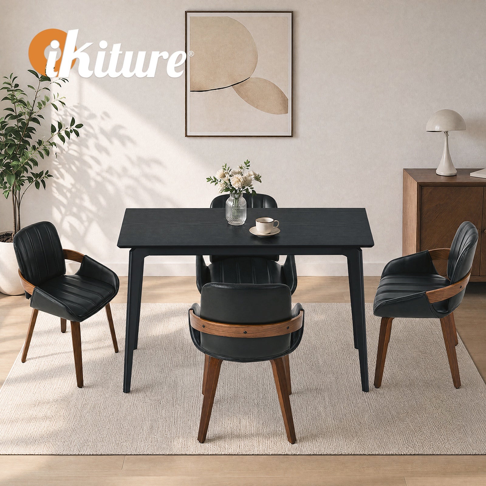 Oikiture 5PCS Dining Table Set 120cm Dining Table 4 Faux Leather Chairs