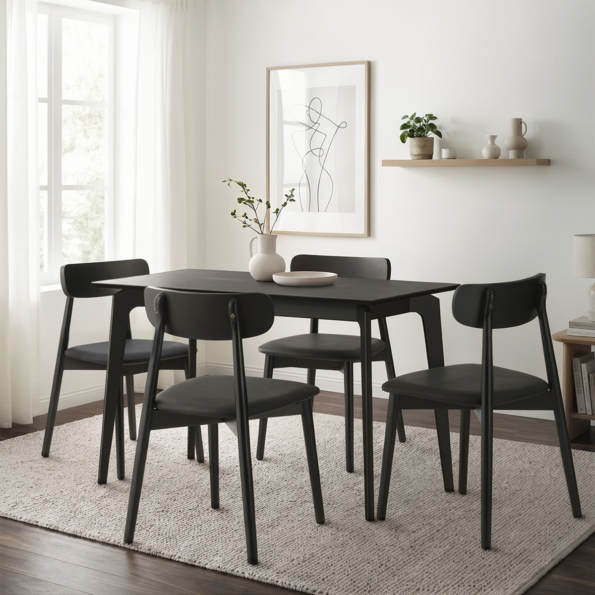 Oikiture 5PCS Dining Table Set 100cm Rectangle Dining Table and Chairs Black