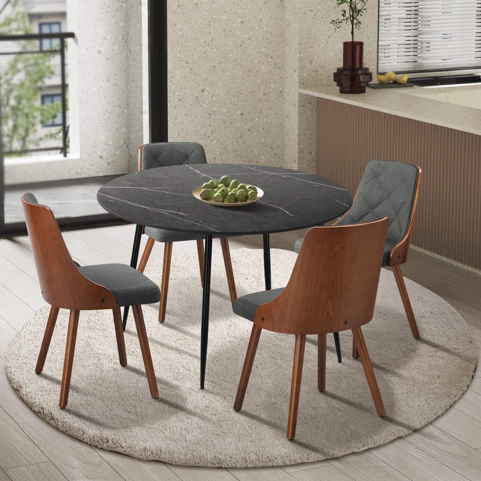 Oikiture 110cm Round Dining Table with 4PCS Dining Chairs Faux Linen Grey - Sunyee