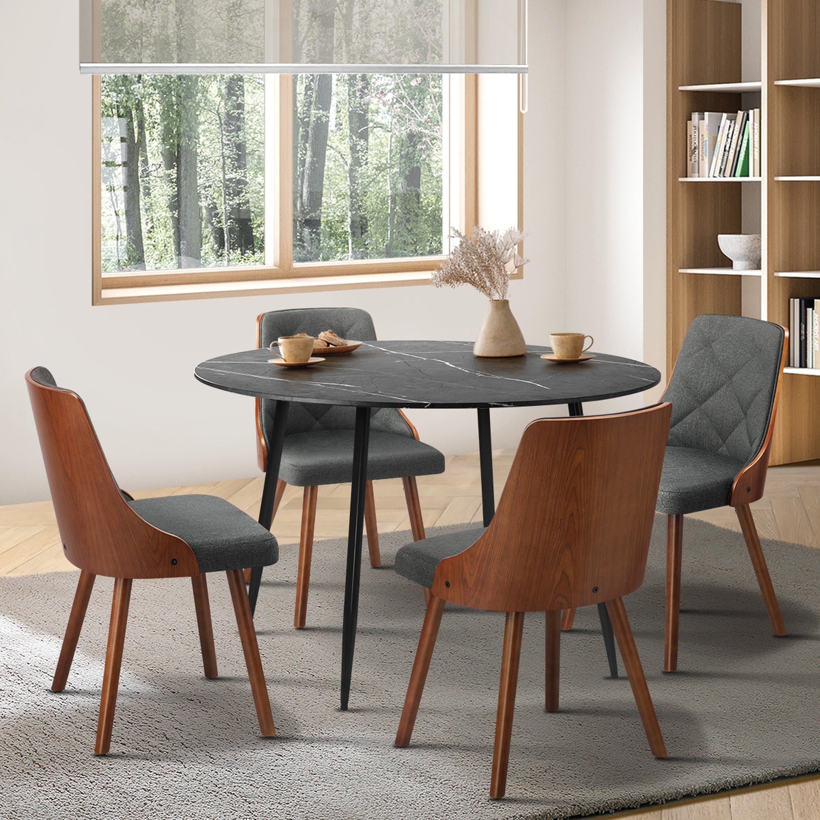Oikiture 110cm Round Dining Table with 4PCS Dining Chairs Faux Linen Grey - Sunyee