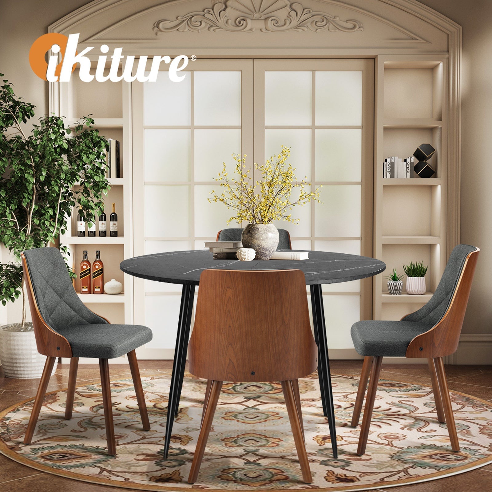 Oikiture 110cm Round Dining Table with 4PCS Dining Chairs Faux Linen Grey - Sunyee