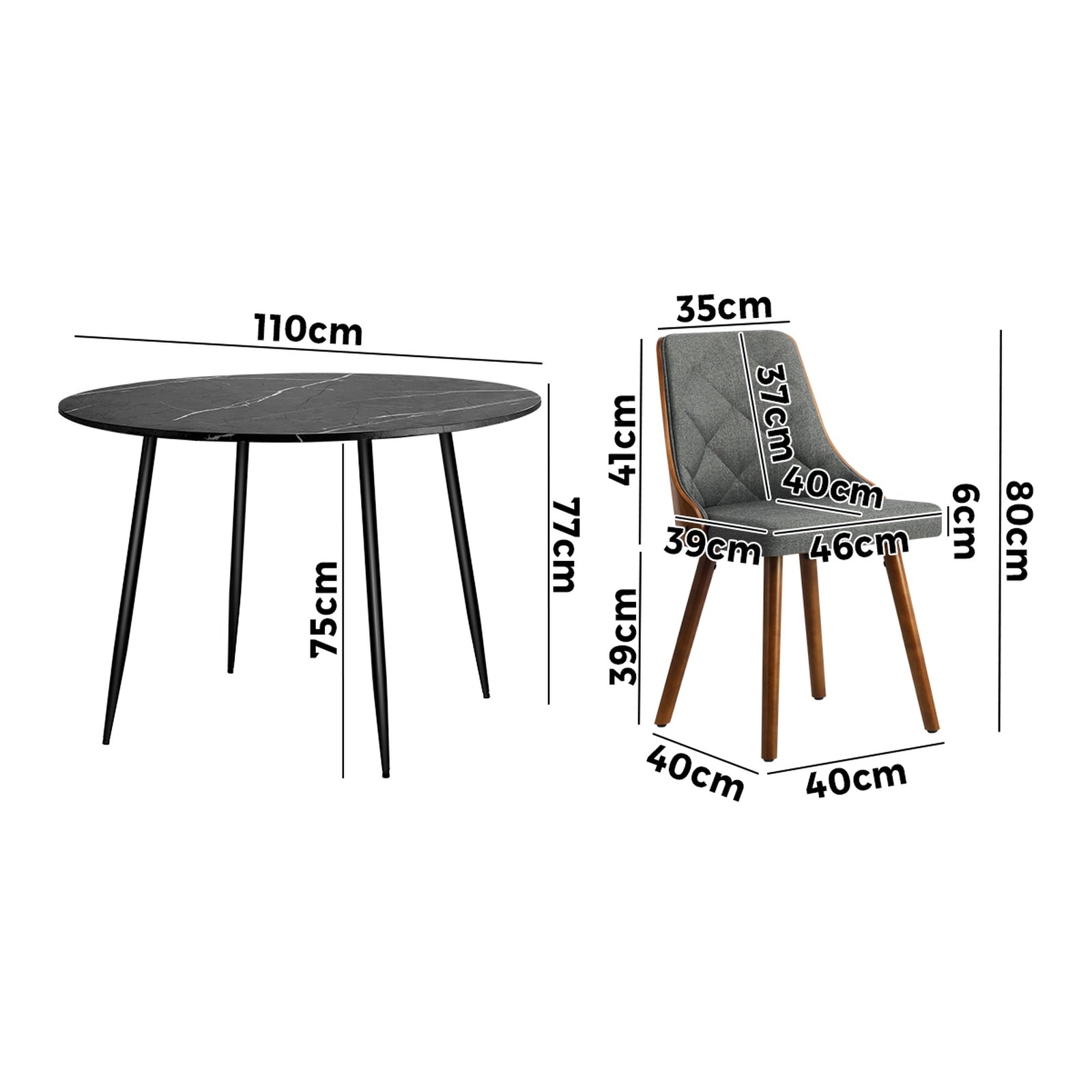 Oikiture 110cm Round Dining Table with 4PCS Dining Chairs Faux Linen Grey - Sunyee