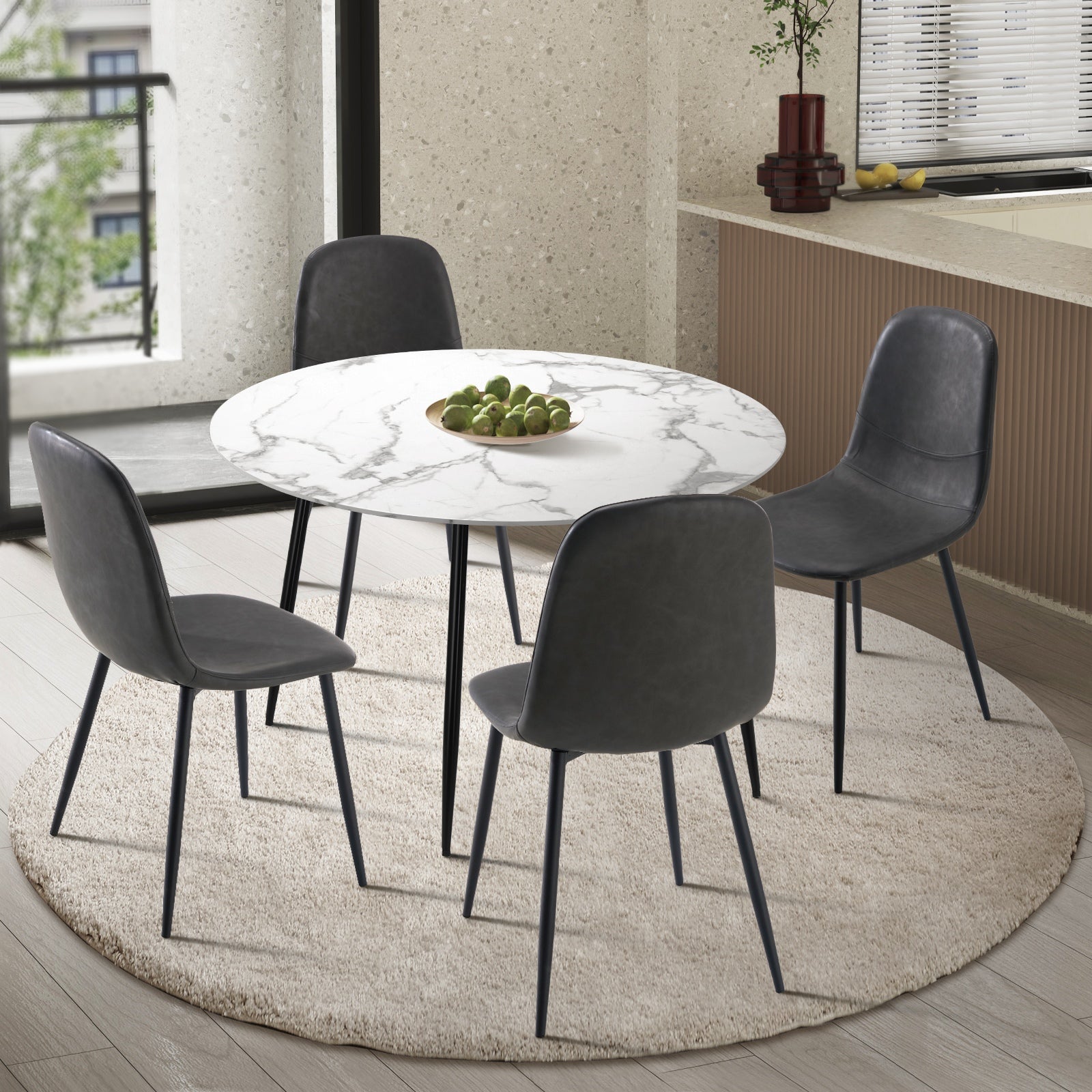 Oikiture 110cm Round Dining Table with 4PCS Dining Chairs PU Grey - Sunyee