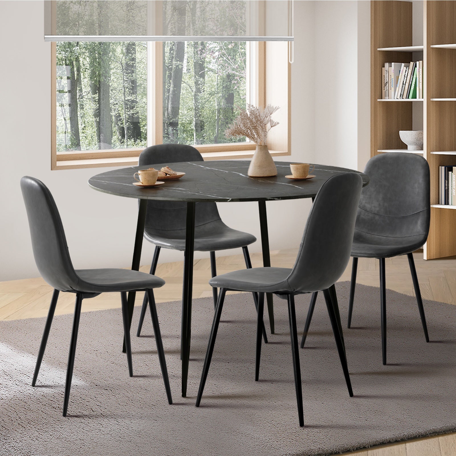 Oikiture 110cm Round Dining Table with 4PCS Dining Chairs PU Grey&Black - Sunyee