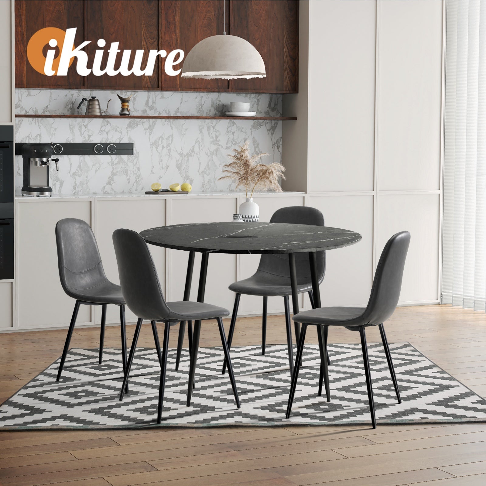 Oikiture 110cm Round Dining Table with 4PCS Dining Chairs PU Grey&Black - Sunyee