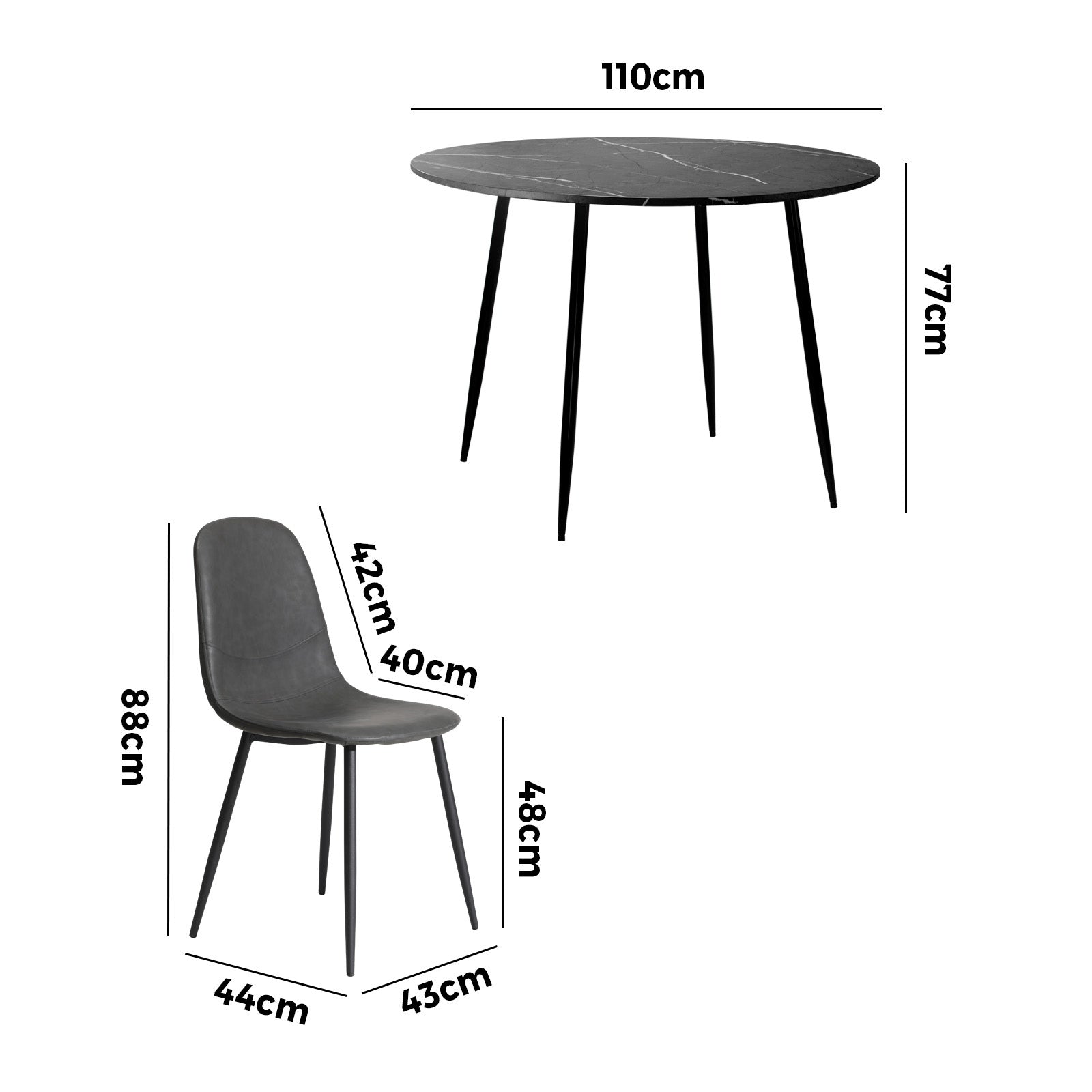 Oikiture 110cm Round Dining Table with 4PCS Dining Chairs PU Grey&Black - Sunyee