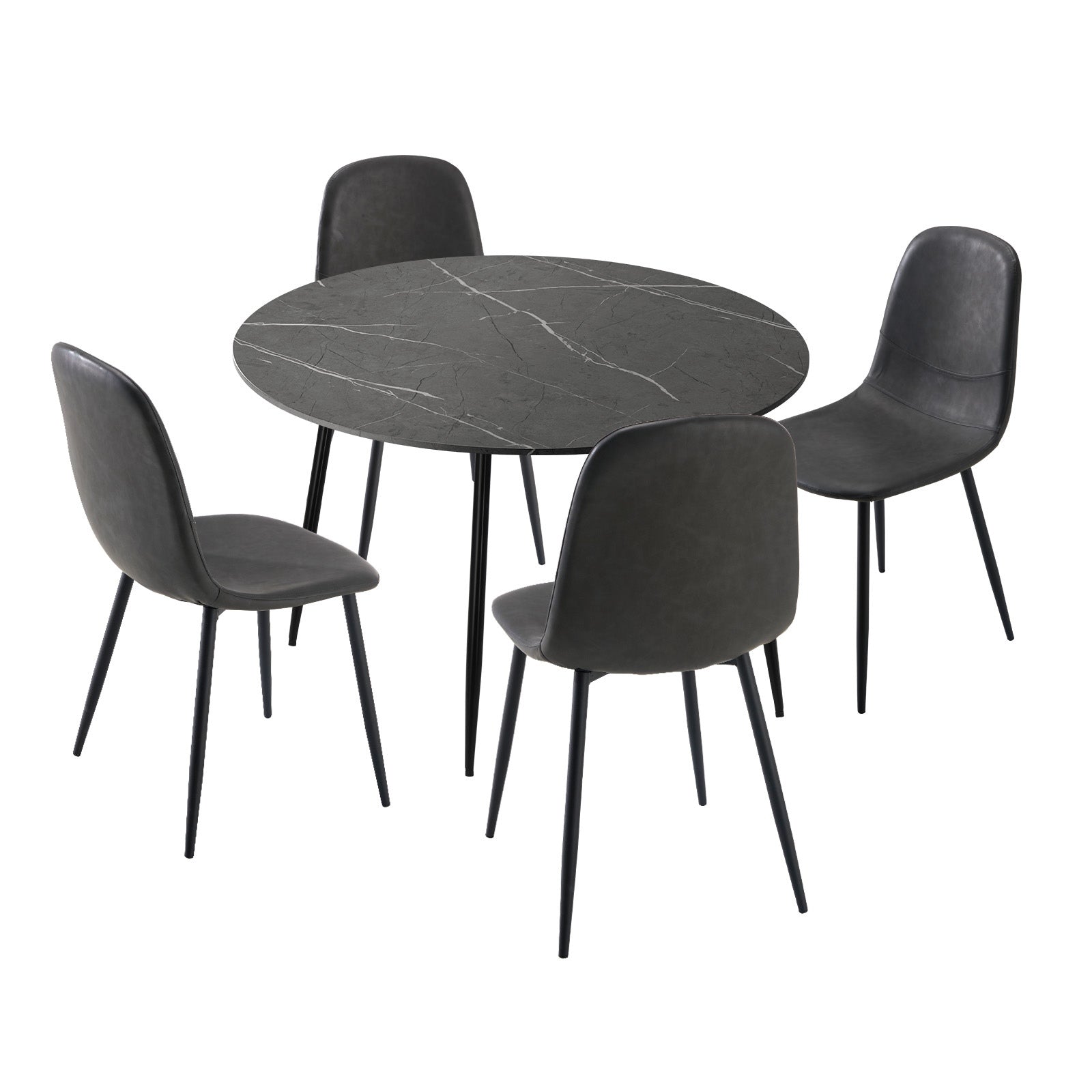Oikiture 110cm Round Dining Table with 4PCS Dining Chairs PU Grey&Black - Sunyee