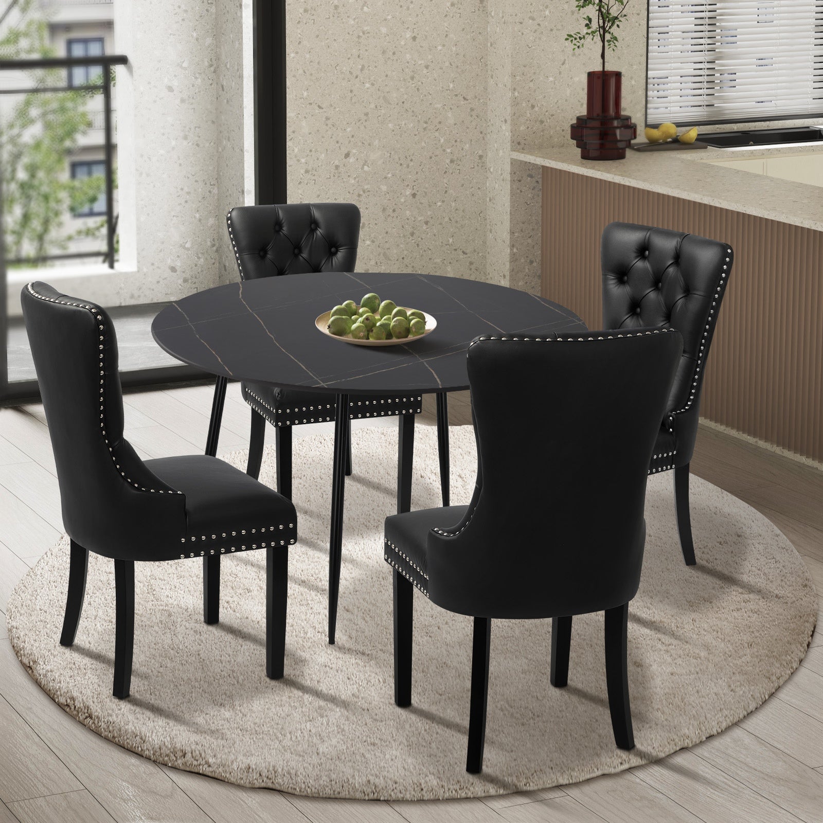 Oikiture 110cm Round Dining Table with 4PCS Dining Chairs PU Leather Black - Sunyee