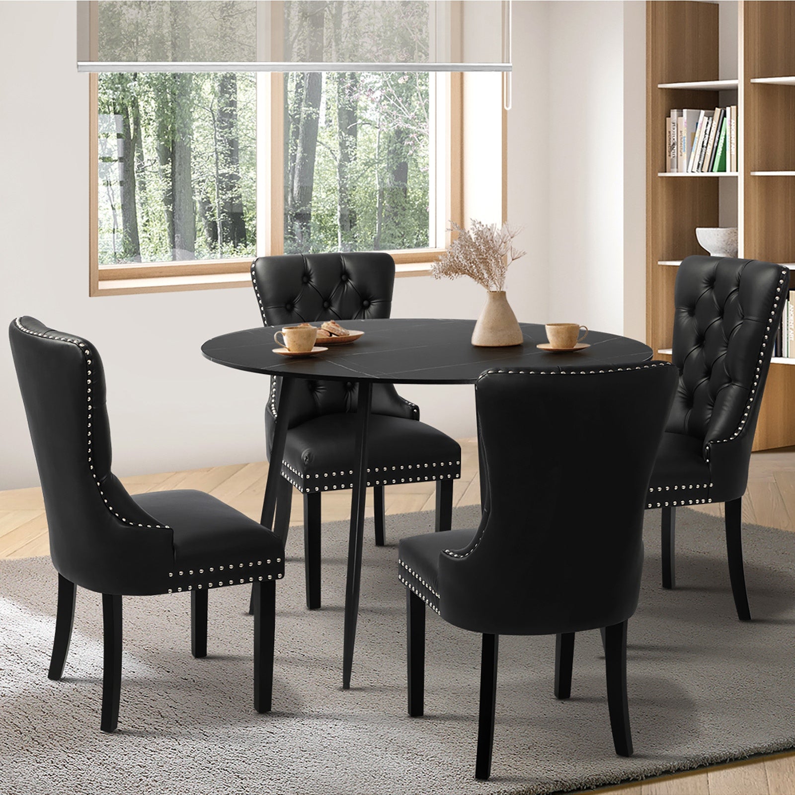 Oikiture 110cm Round Dining Table with 4PCS Dining Chairs PU Leather Black