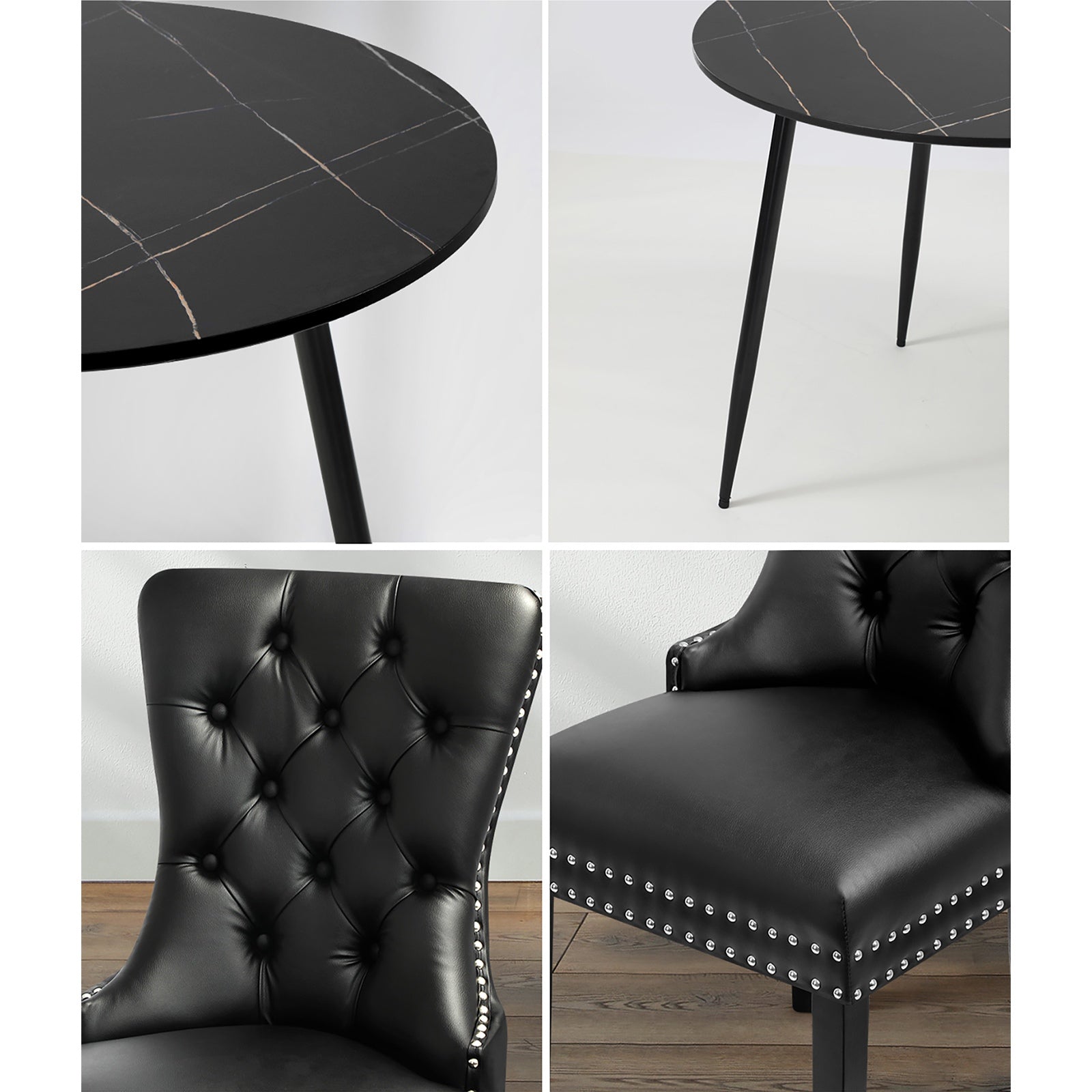 Oikiture 110cm Round Dining Table with 4PCS Dining Chairs PU Leather Black - Sunyee