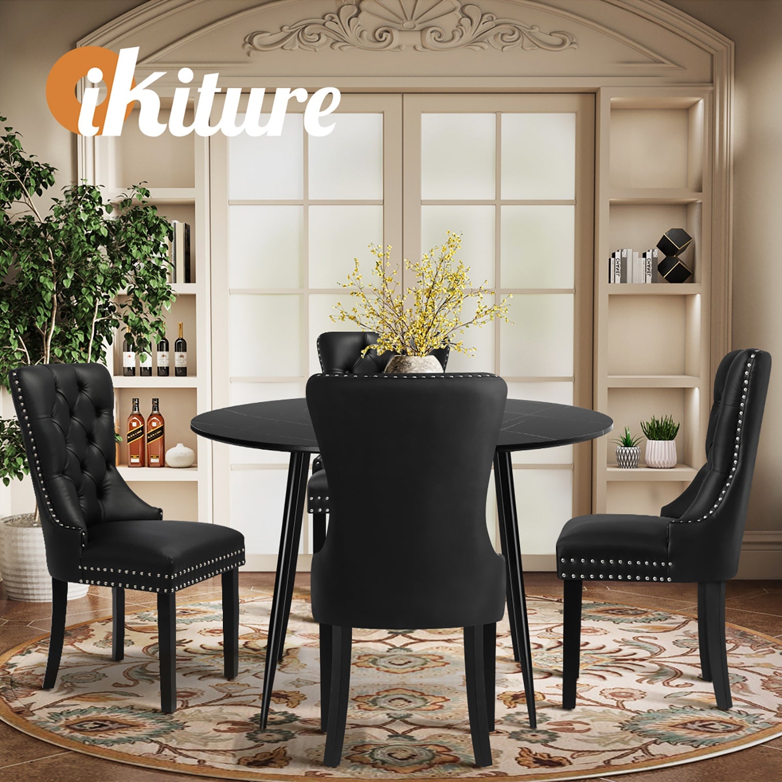 Oikiture 110cm Round Dining Table with 4PCS Dining Chairs PU Leather Black - Sunyee