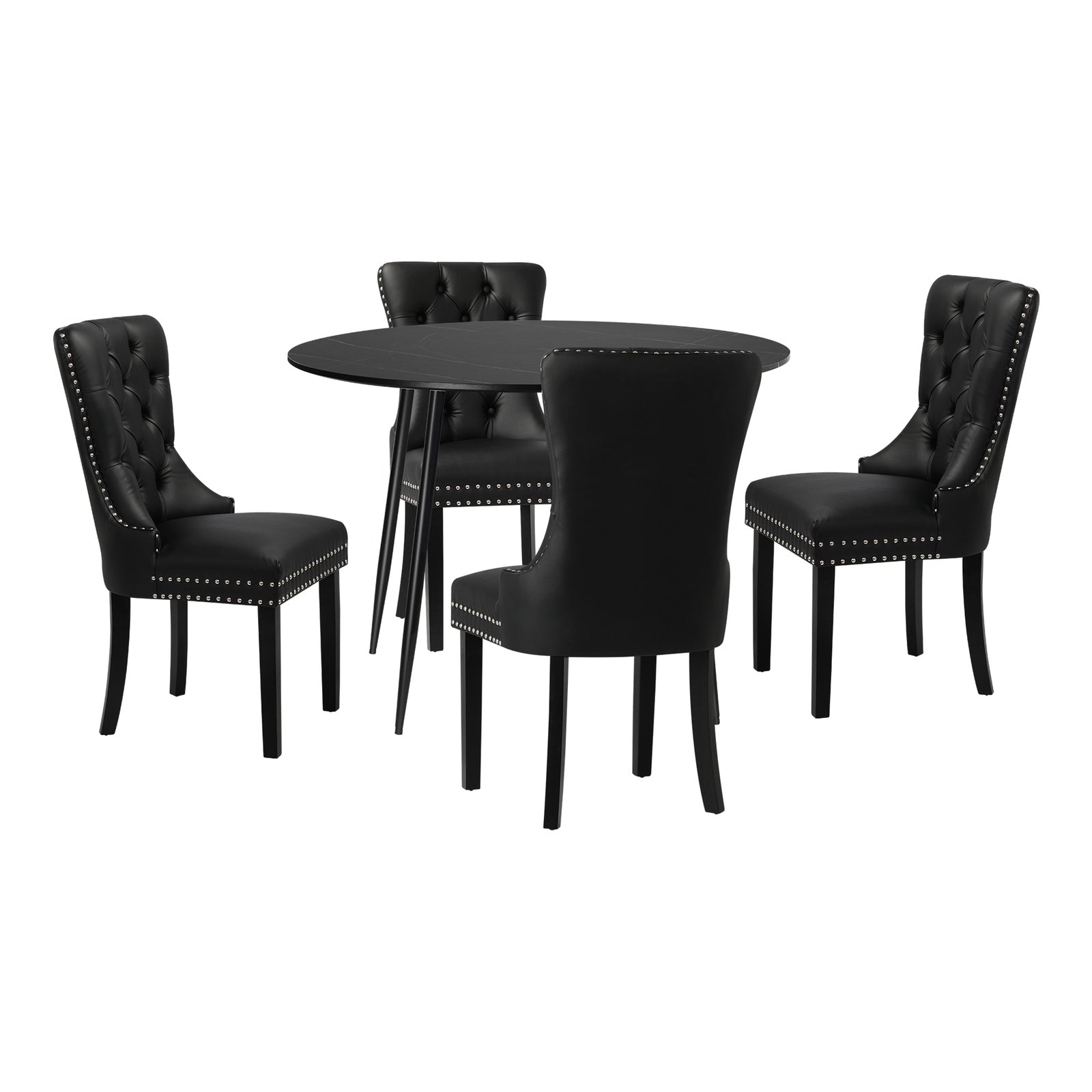 Oikiture 110cm Round Dining Table with 4PCS Dining Chairs PU Leather Black - Sunyee
