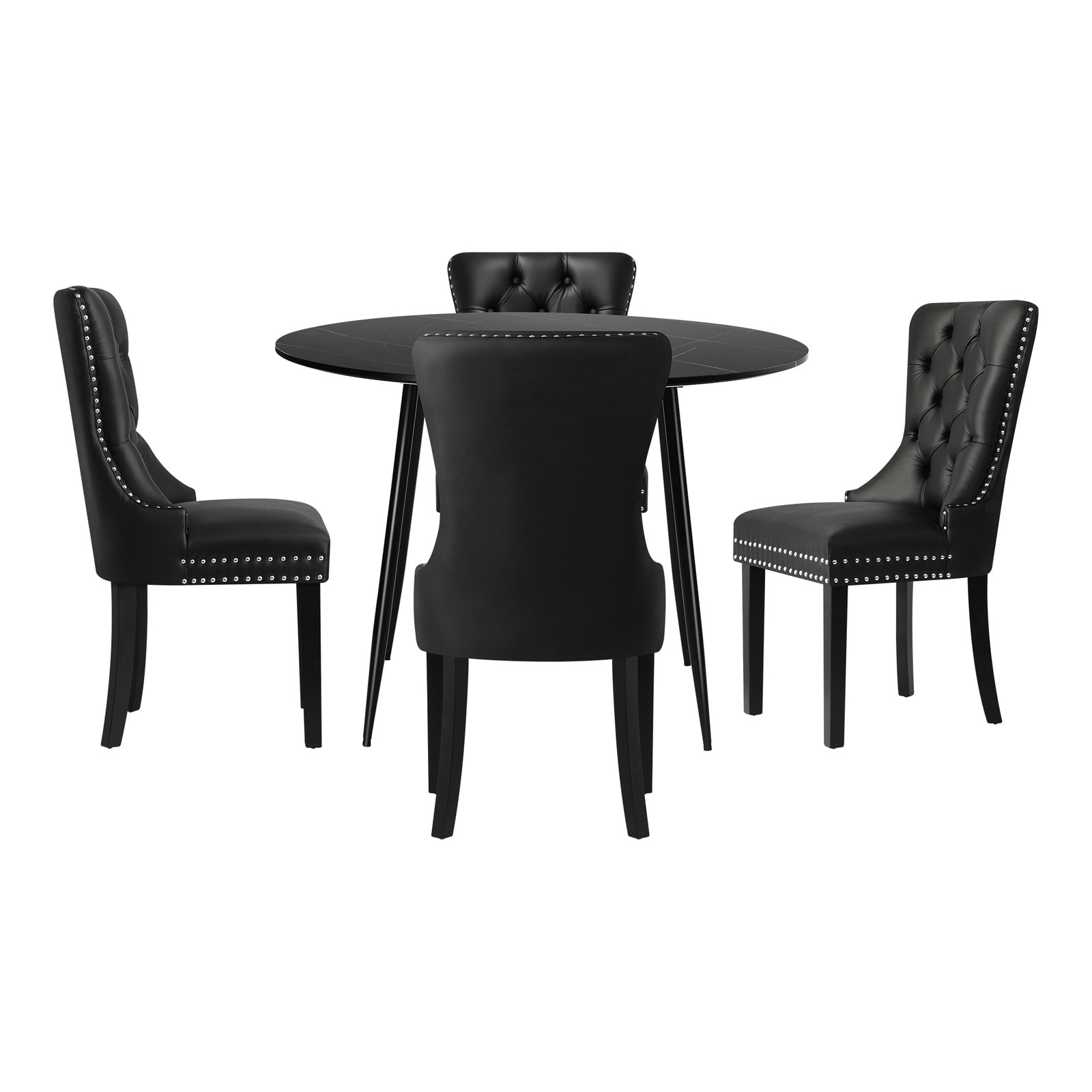 Oikiture 110cm Round Dining Table with 4PCS Dining Chairs PU Leather Black - Sunyee