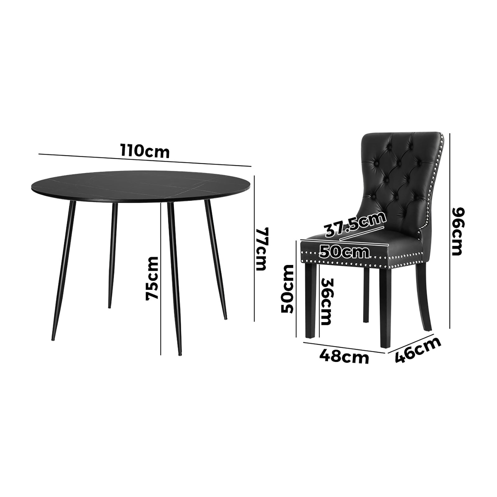 Oikiture 110cm Round Dining Table with 4PCS Dining Chairs PU Leather Black - Sunyee