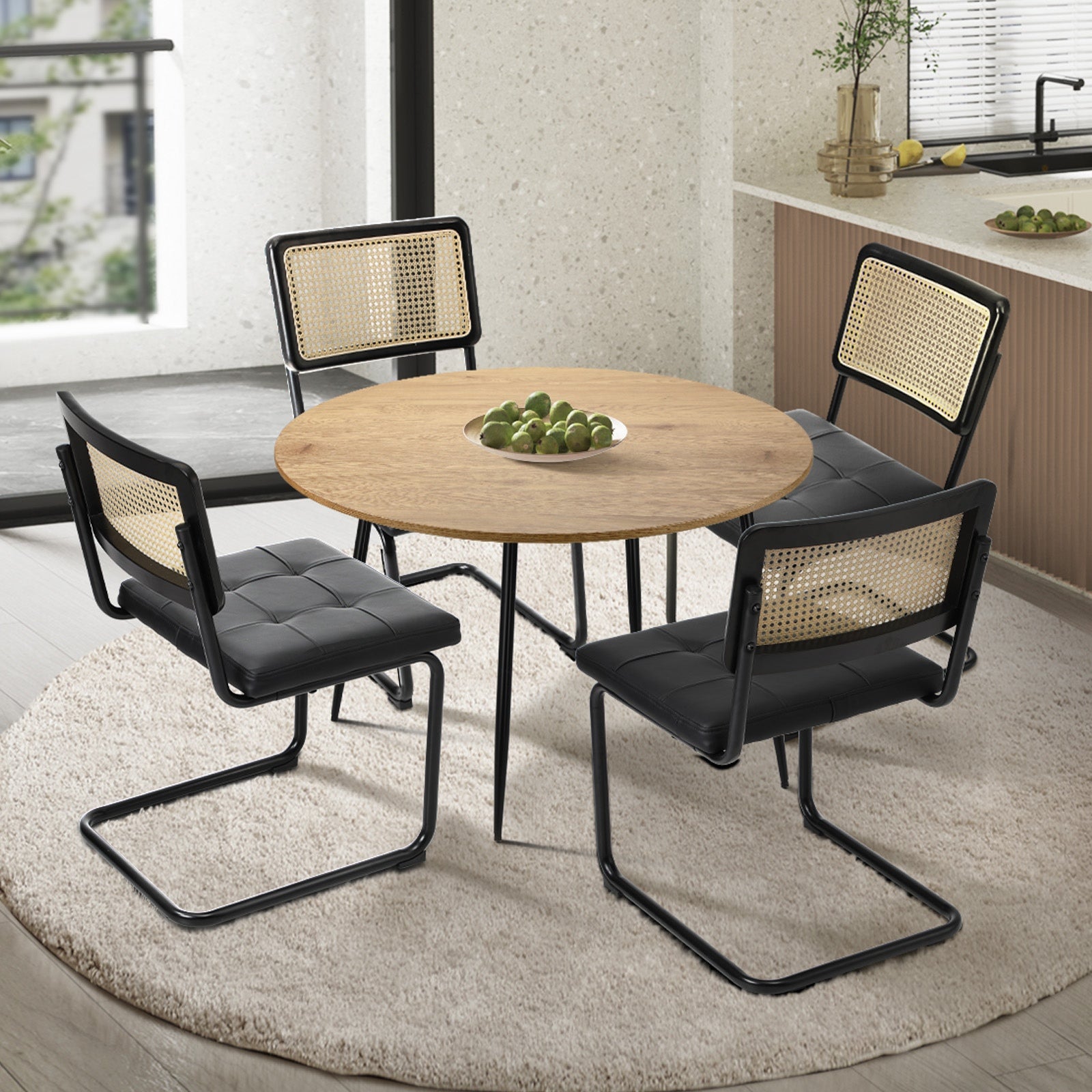 Oikiture 110cm Round Dining Table with 4PCS Dining Chairs Leather Padded Black - Sunyee