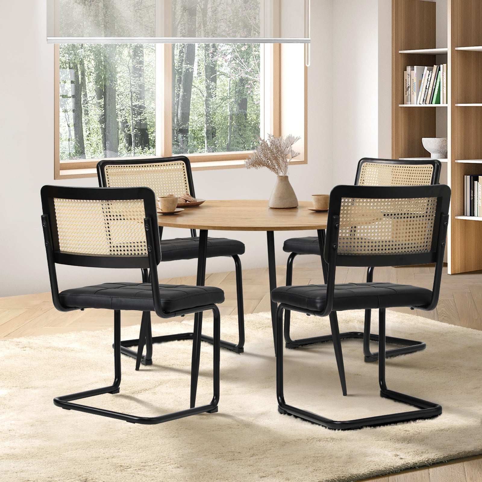 Oikiture 110cm Round Dining Table with 4PCS Dining Chairs Leather Padded Black - Sunyee
