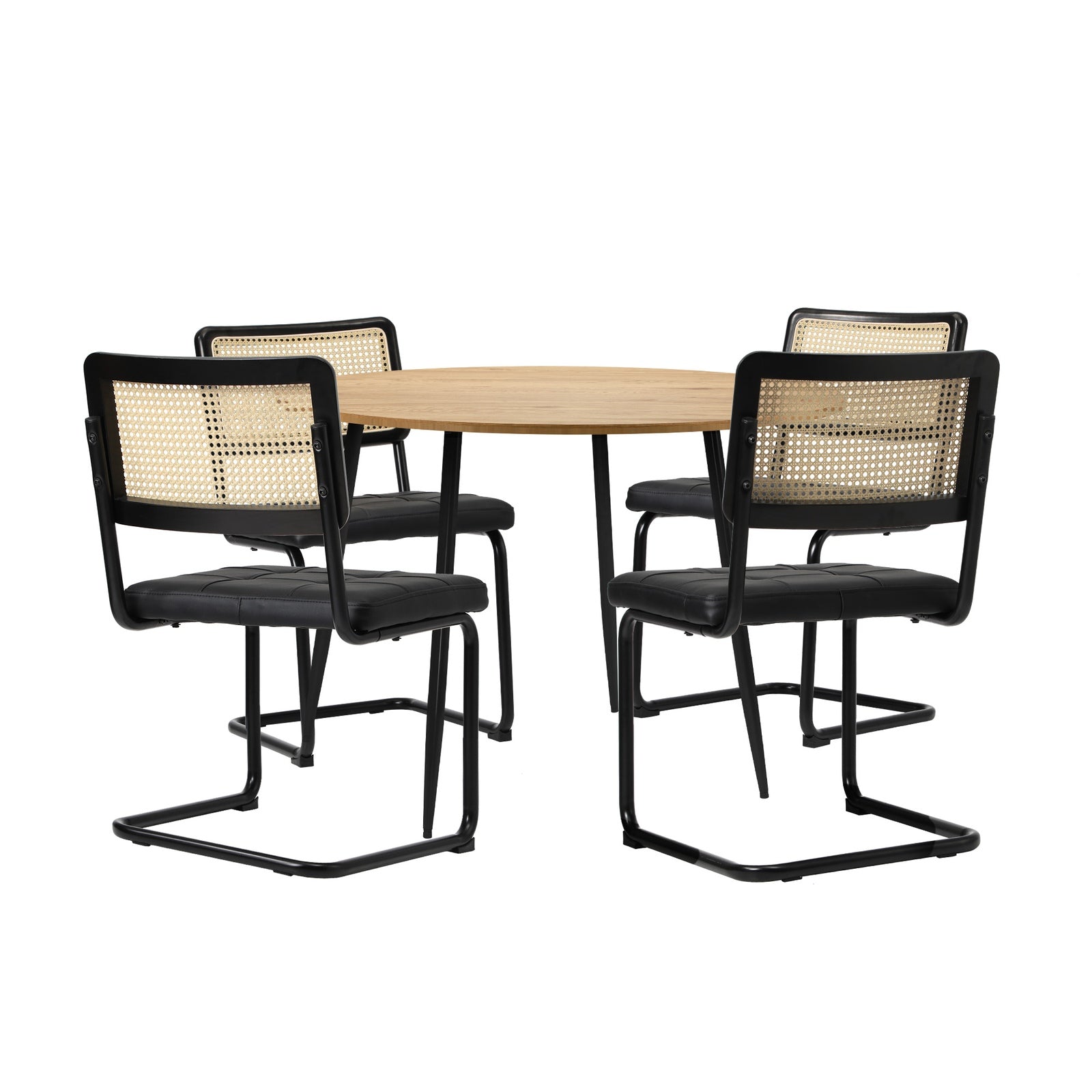 Oikiture 110cm Round Dining Table with 4PCS Dining Chairs Leather Padded Black - Sunyee