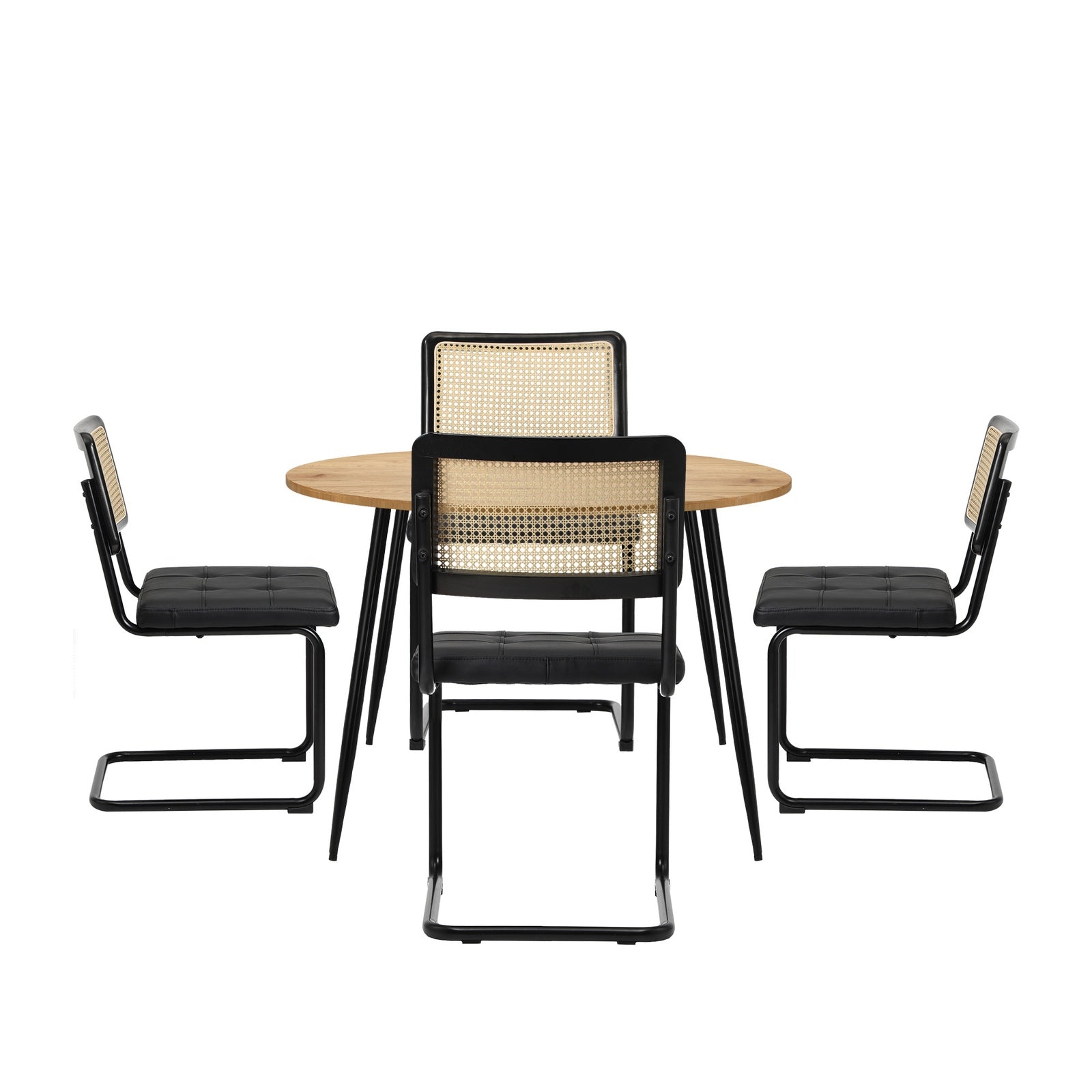 Oikiture 110cm Round Dining Table with 4PCS Dining Chairs Leather Padded Black - Sunyee