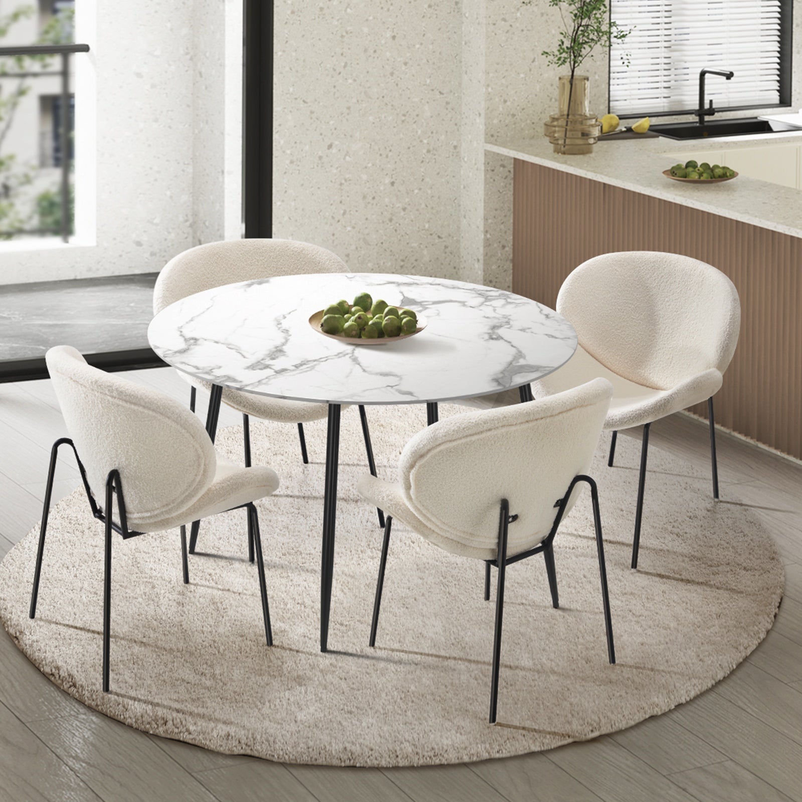 Oikiture 110cm Round Dining Table with 4PCS Dining Chairs White Sherpa - Sunyee