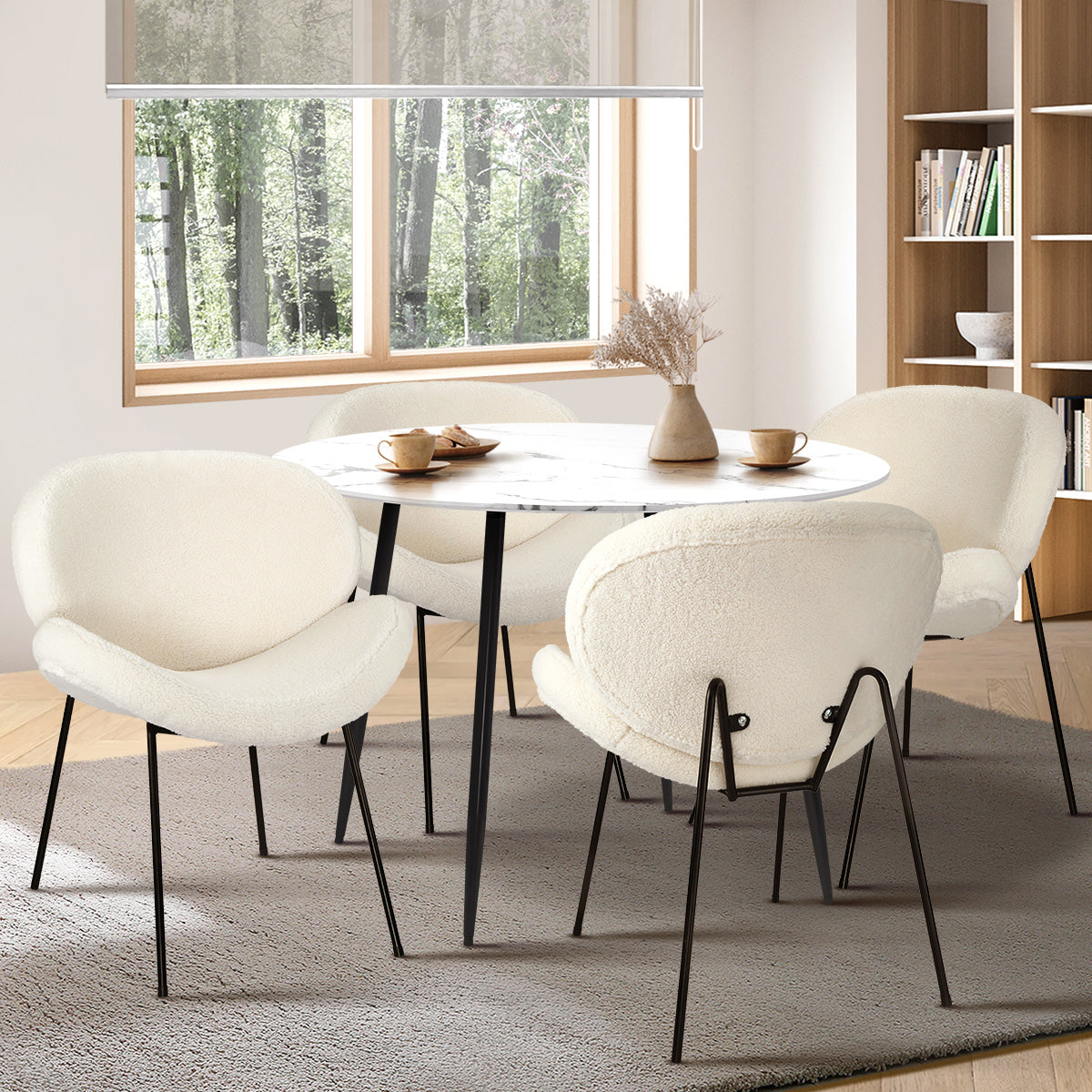 Oikiture 110cm Round Dining Table with 4PCS Dining Chairs White Sherpa - Sunyee