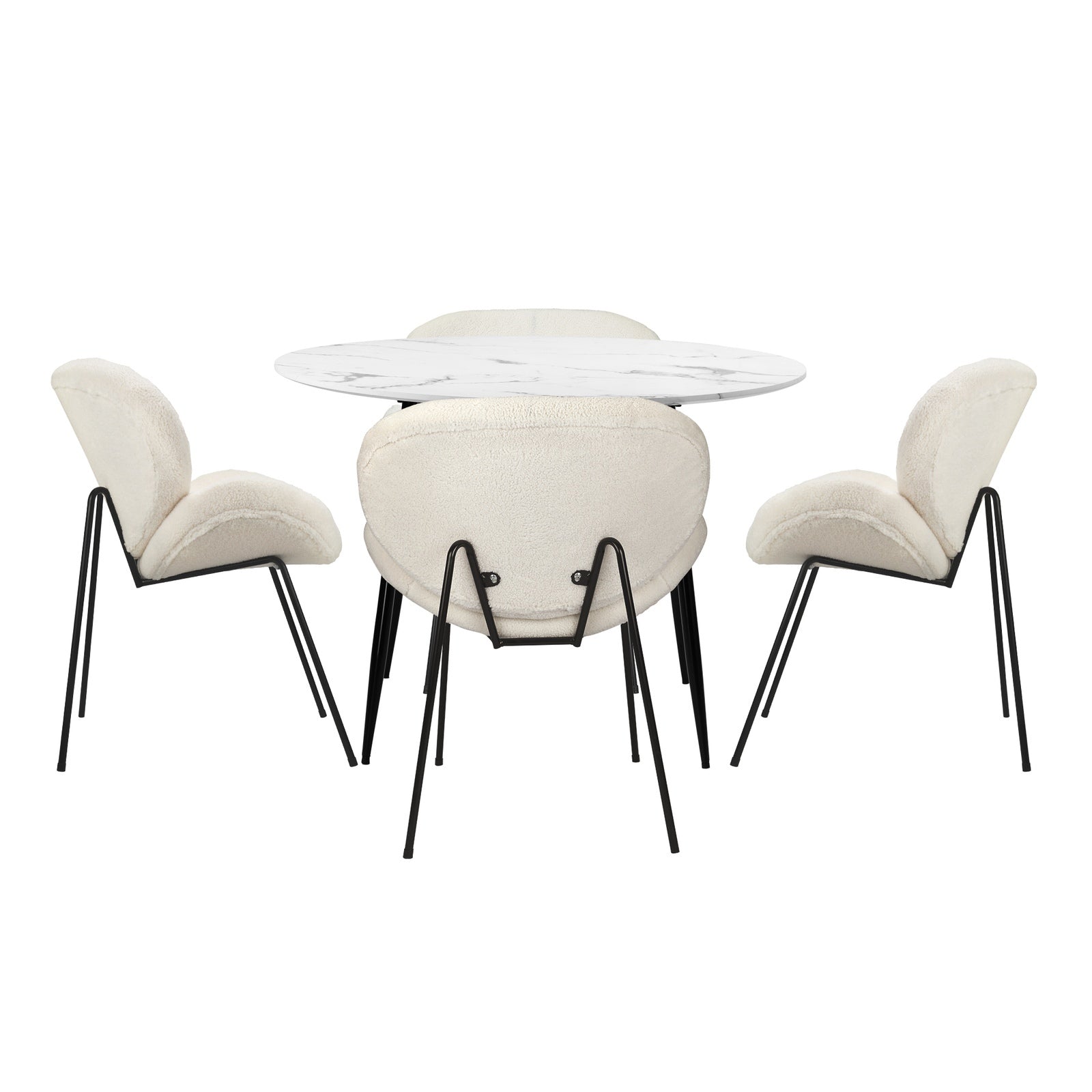 Oikiture 110cm Round Dining Table with 4PCS Dining Chairs White Sherpa - Sunyee