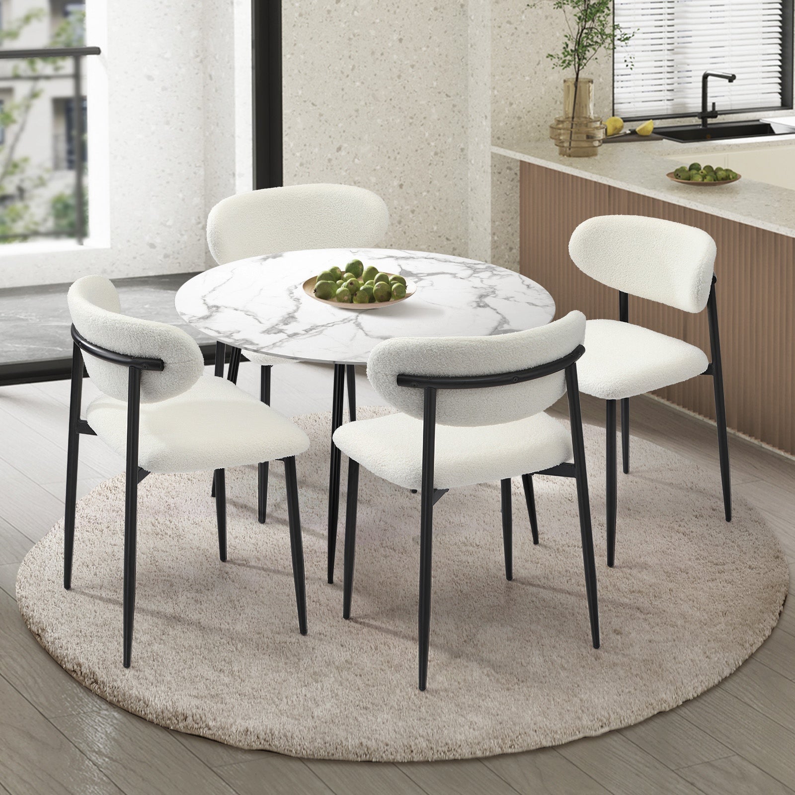 Oikiture 110cm Round Dining Table with 4x Dining Chairs Boucle Black&White - Sunyee