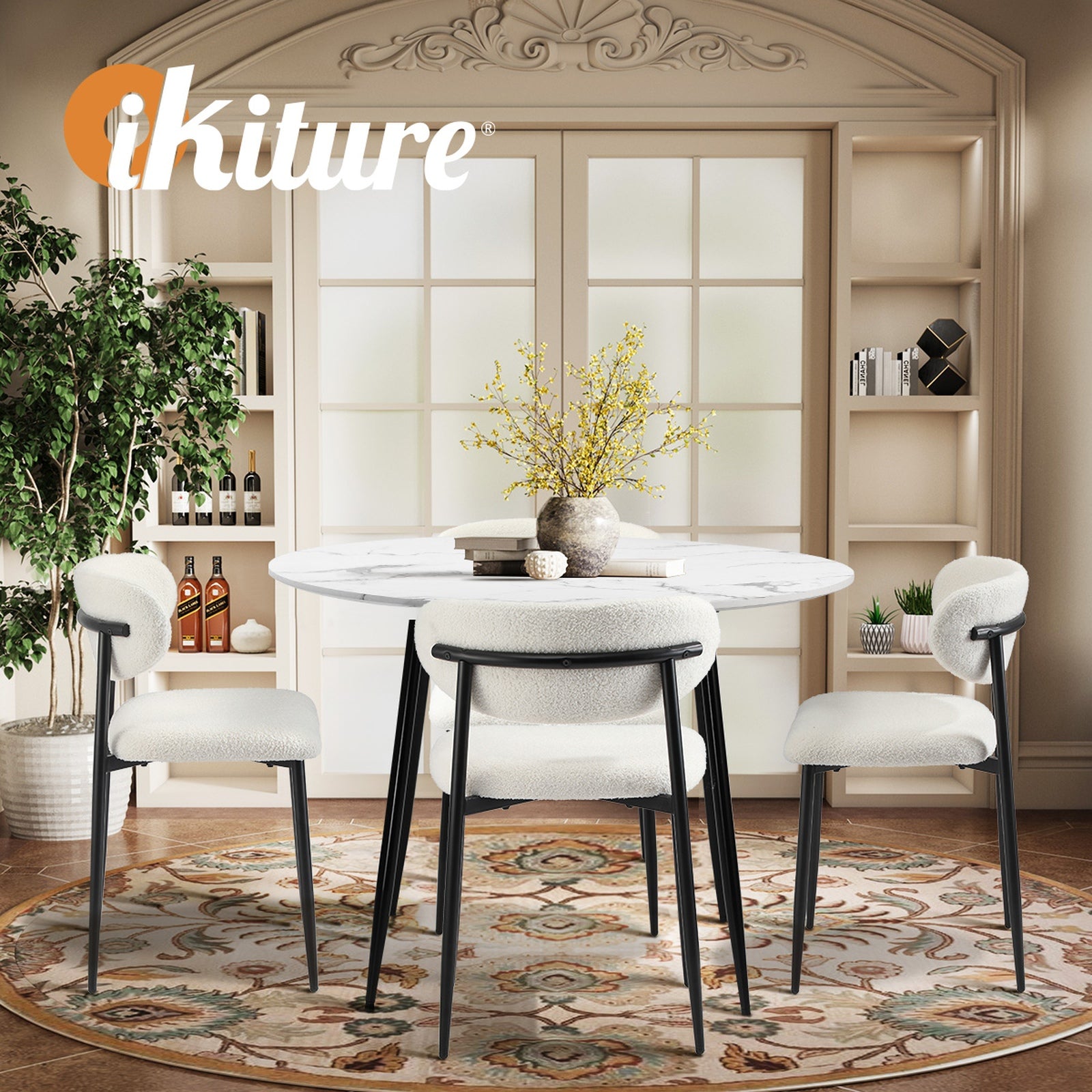 Oikiture 110cm Round Dining Table with 4x Dining Chairs Boucle Black&White - Sunyee