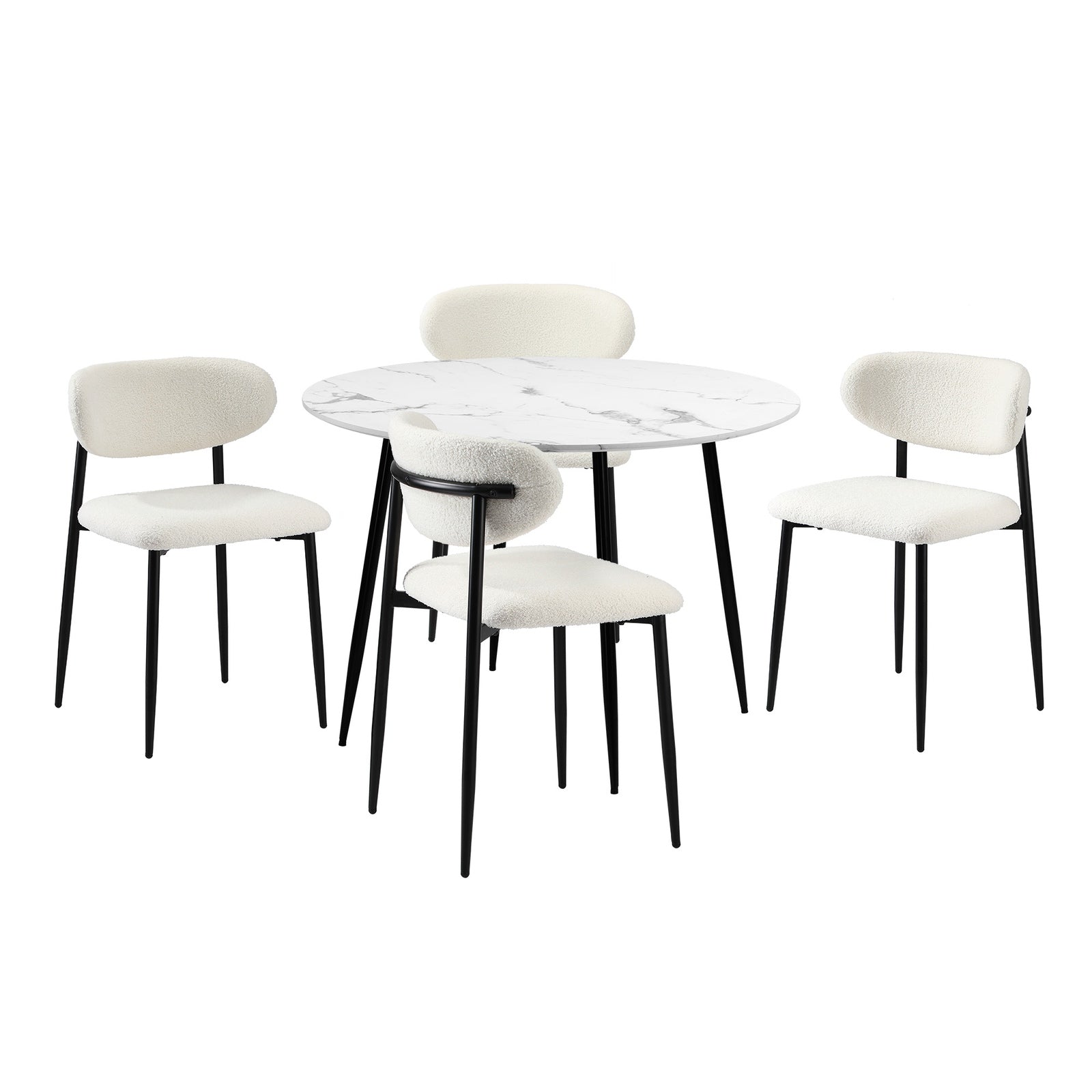 Oikiture 110cm Round Dining Table with 4x Dining Chairs Boucle Black&White - Sunyee