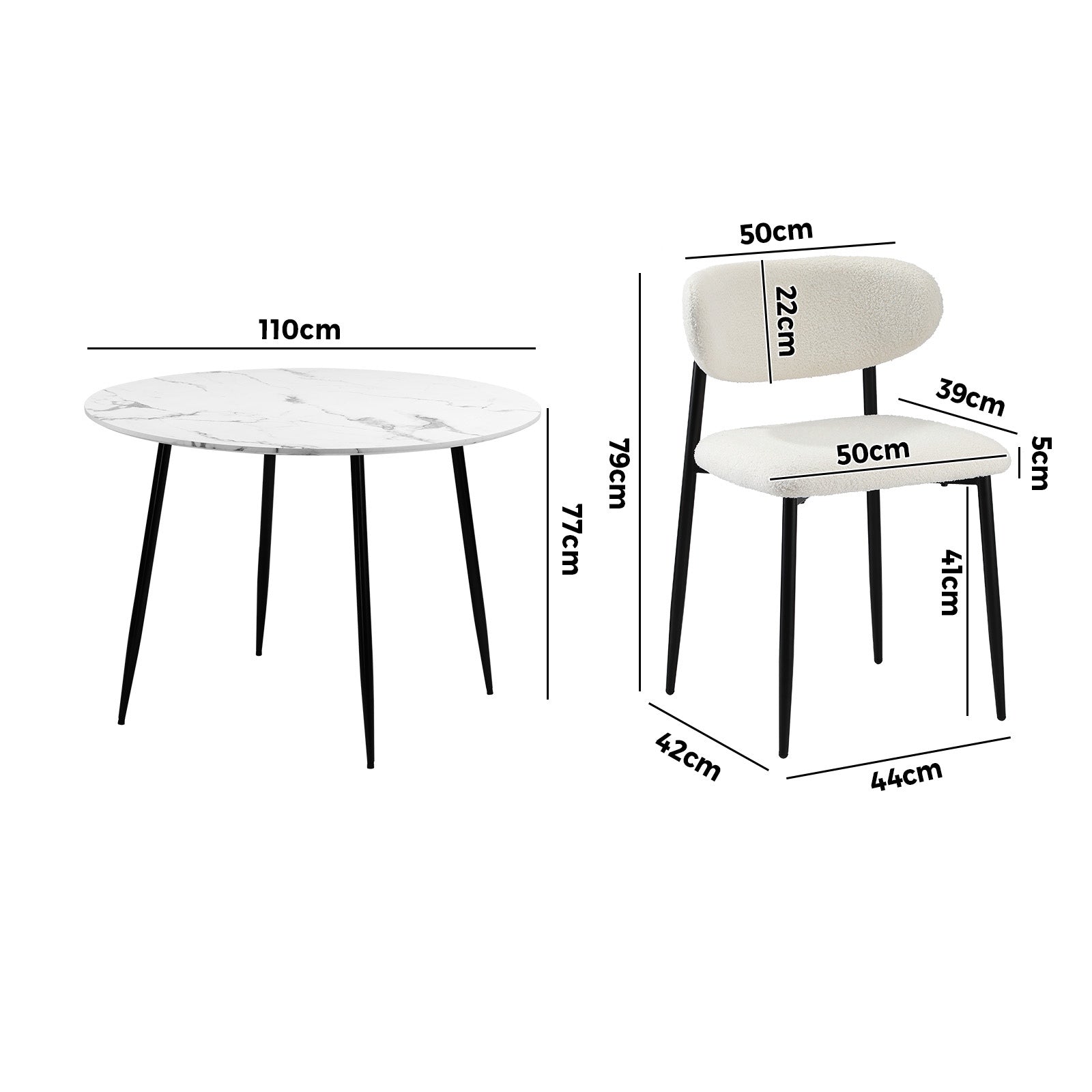 Oikiture 110cm Round Dining Table with 4x Dining Chairs Boucle Black&White - Sunyee