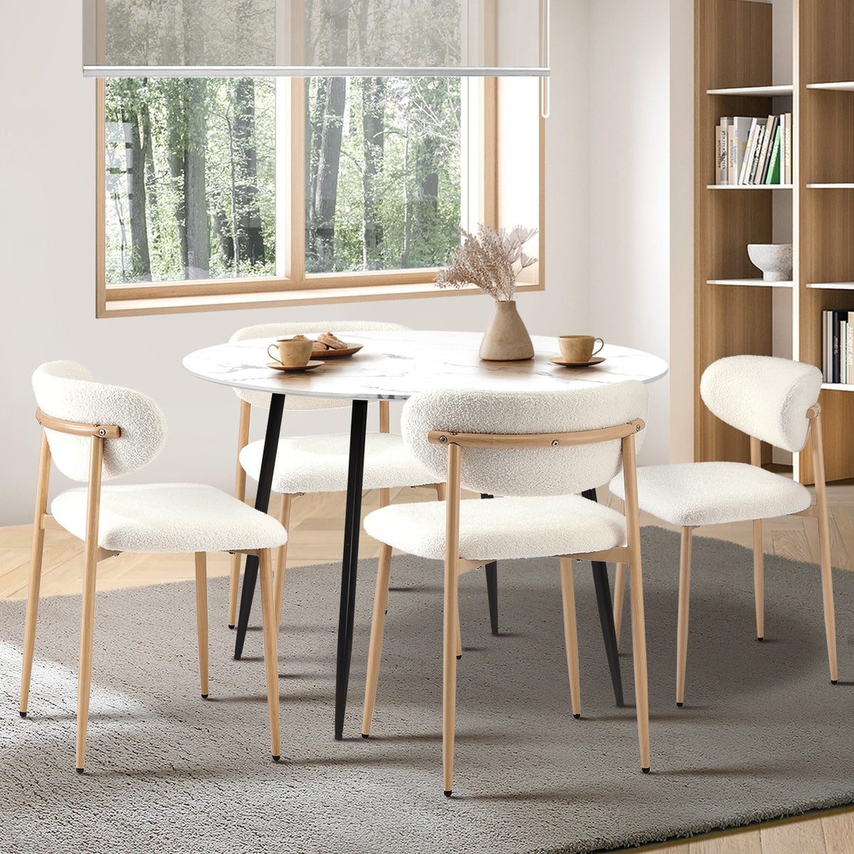 Oikiture 110cm Round Dining Table with 4x Dining Chairs Boucle White - Sunyee