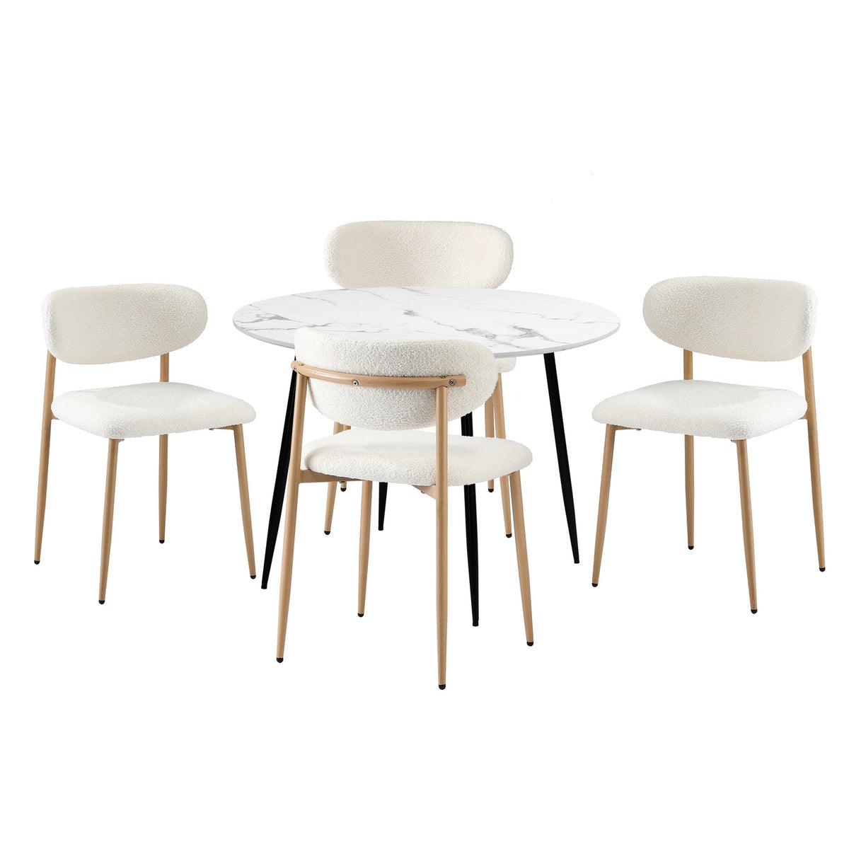 Oikiture 110cm Round Dining Table with 4x Dining Chairs Boucle White - Sunyee