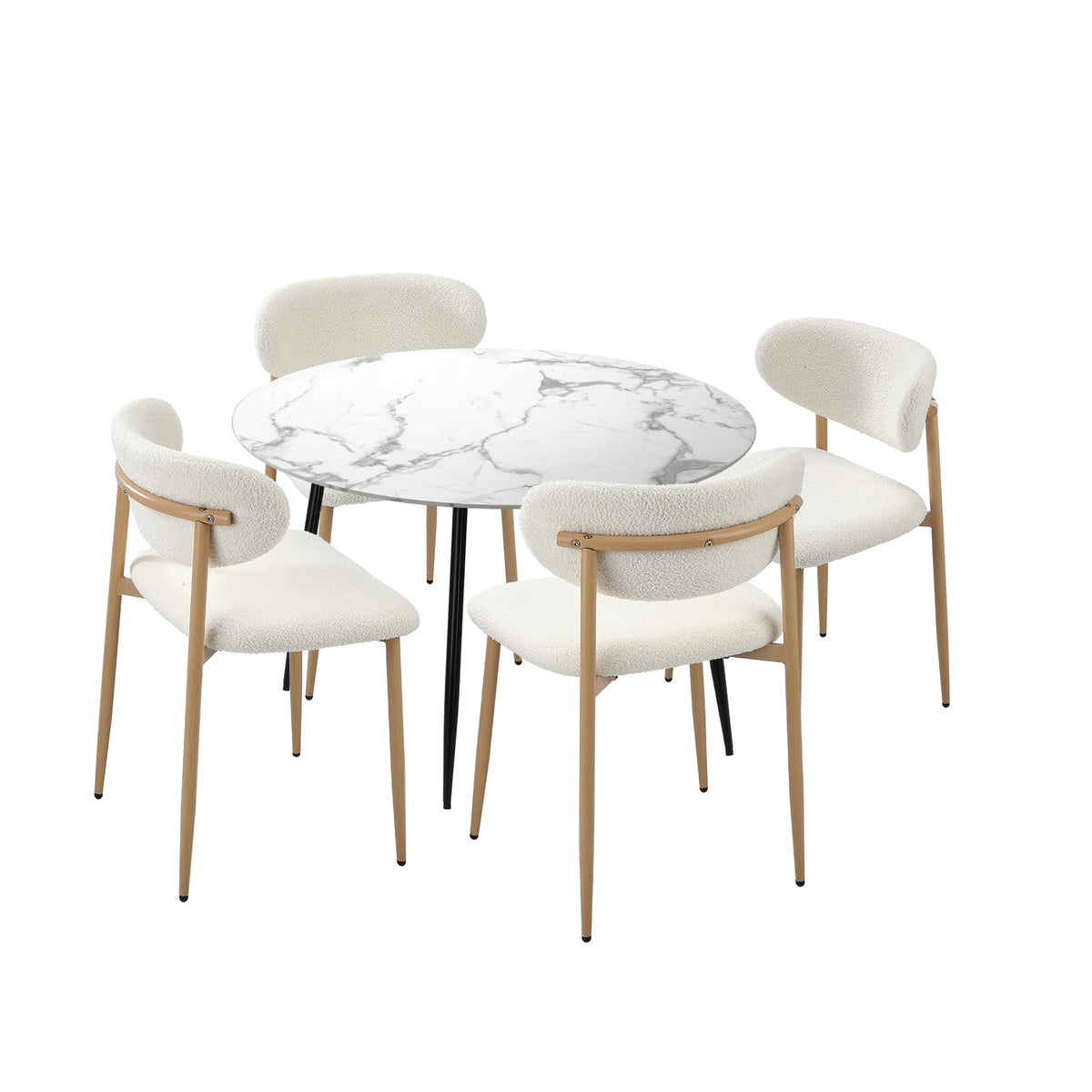Oikiture 110cm Round Dining Table with 4x Dining Chairs Boucle White - Sunyee