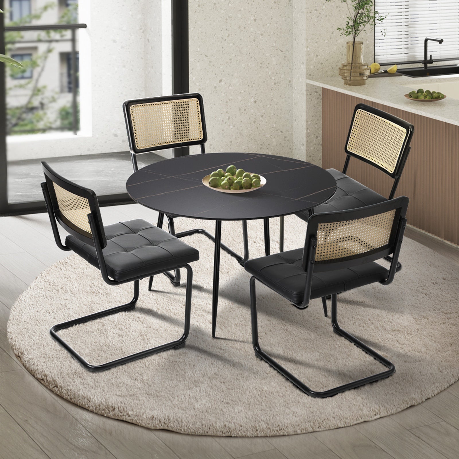 Oikiture 5PCS Dining Table Set 1.1m Round Dining Table and Chairs PU Leather Pad - Sunyee