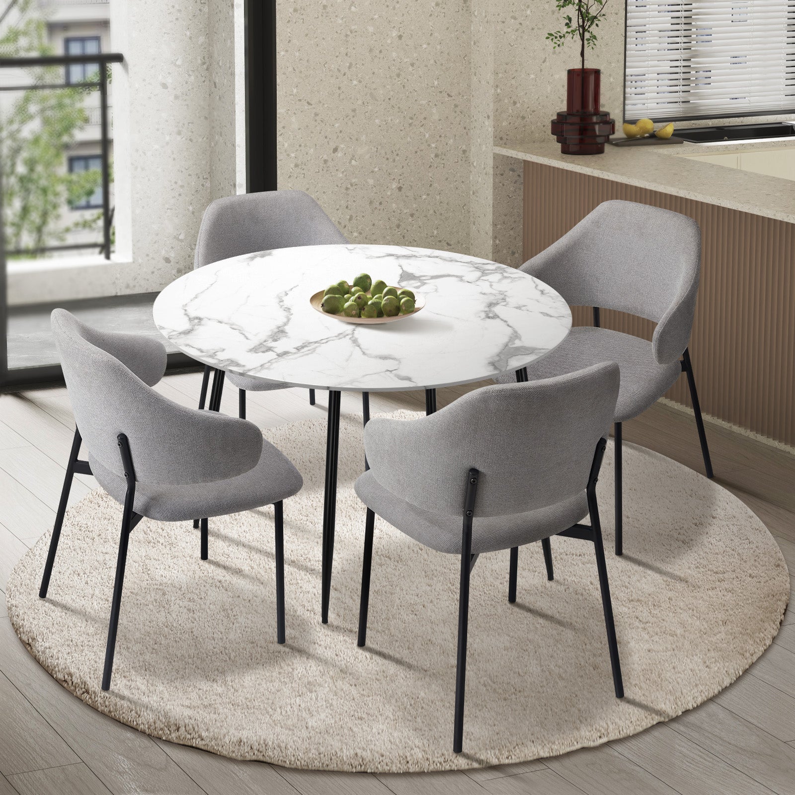 Oikiture 110cm Round Dining Table with 4PCS Dining Chairs Accent Fabric Grey - Sunyee