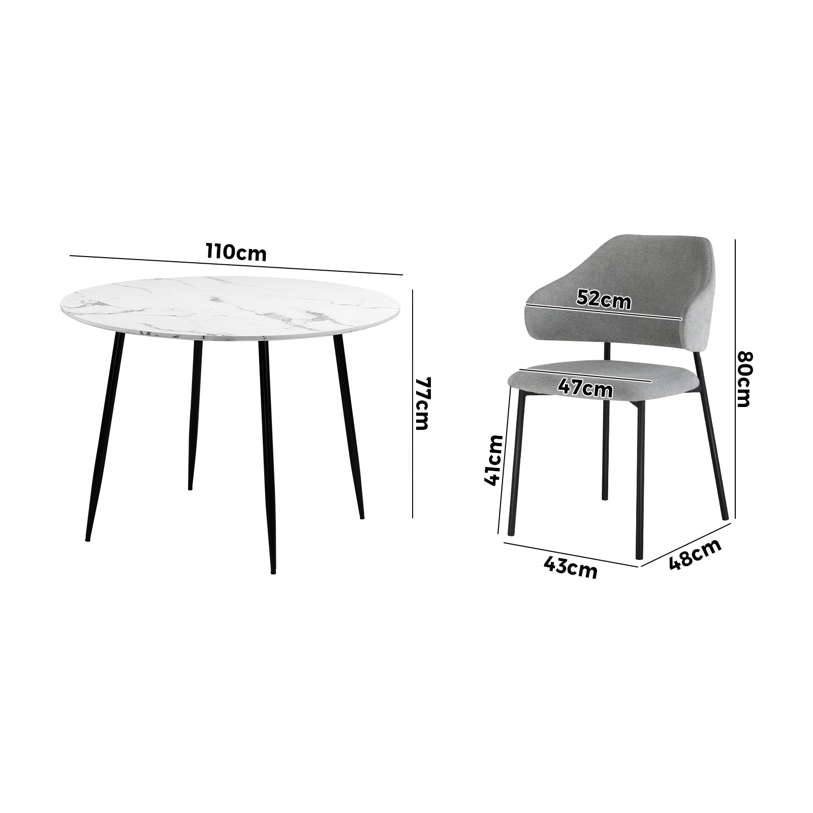 Oikiture 110cm Round Dining Table with 4PCS Dining Chairs Accent Fabric Grey - Sunyee