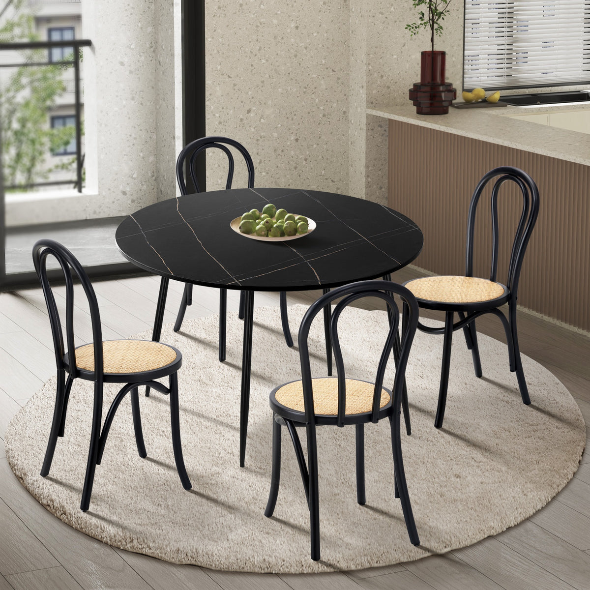 Oikiture 110cm Round Dining Table with 4PCS Dining Chairs Solid Wooden Black - Sunyee