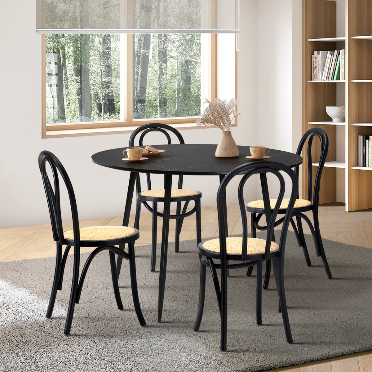 Oikiture 110cm Round Dining Table with 4PCS Dining Chairs Solid Wooden Black - Sunyee