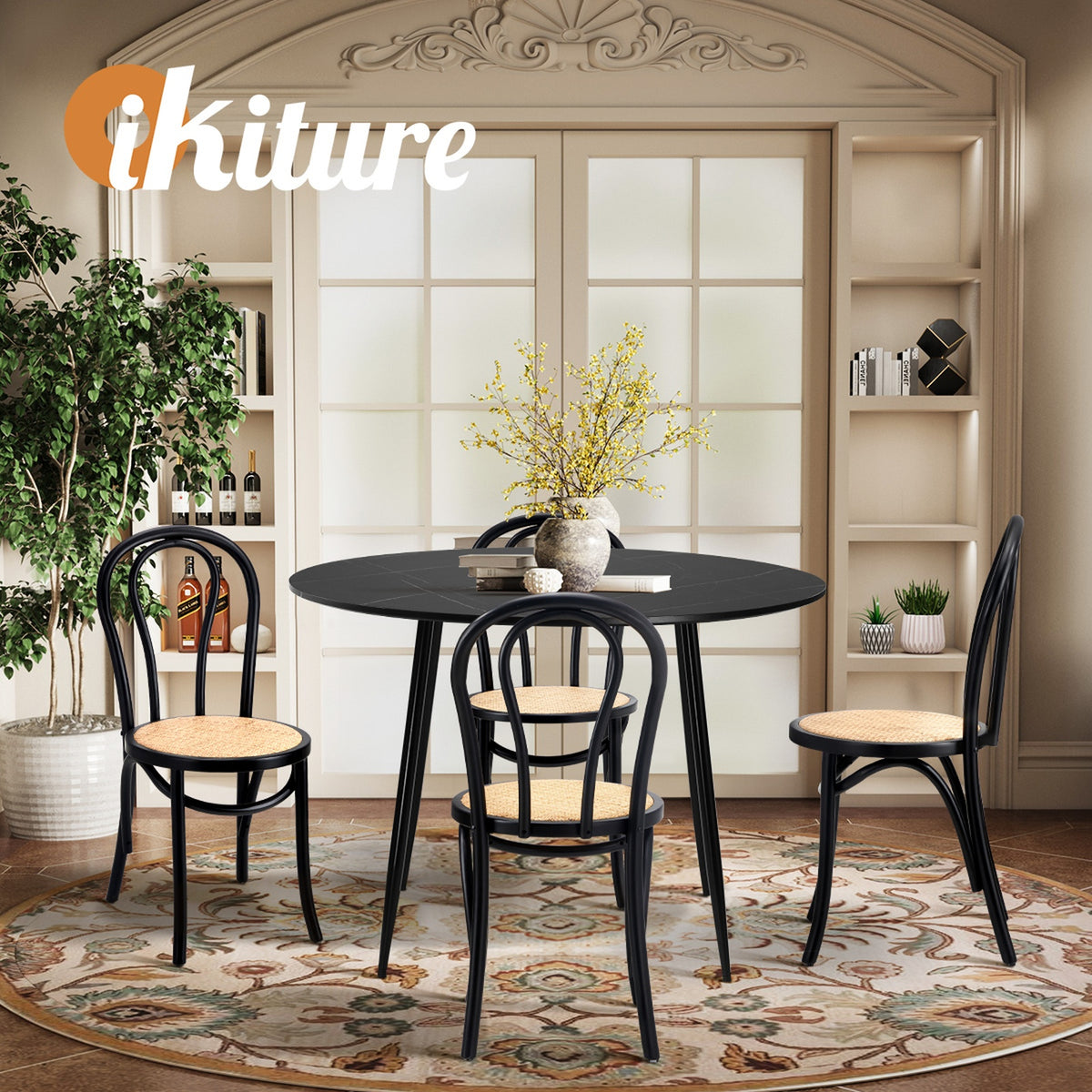 Oikiture 110cm Round Dining Table with 4PCS Dining Chairs Solid Wooden Black - Sunyee