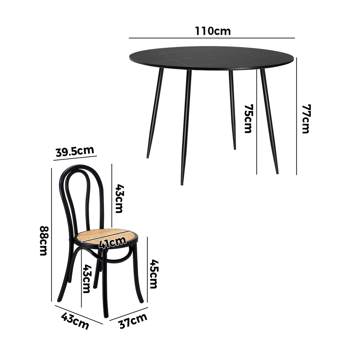 Oikiture 110cm Round Dining Table with 4PCS Dining Chairs Solid Wooden Black - Sunyee