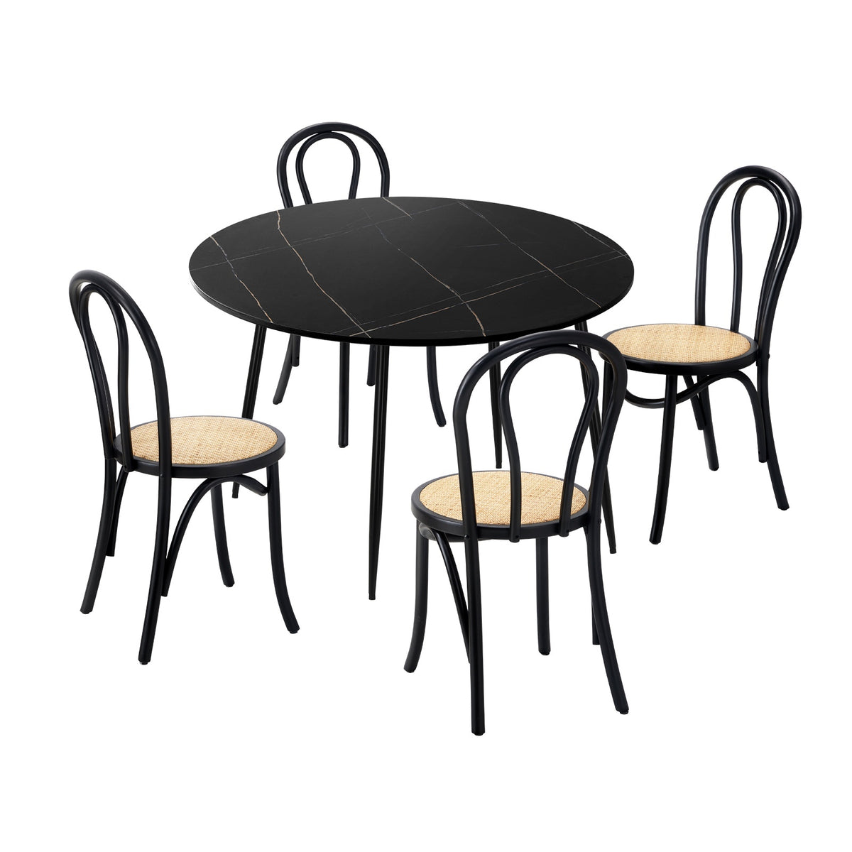 Oikiture 110cm Round Dining Table with 4PCS Dining Chairs Solid Wooden Black - Sunyee