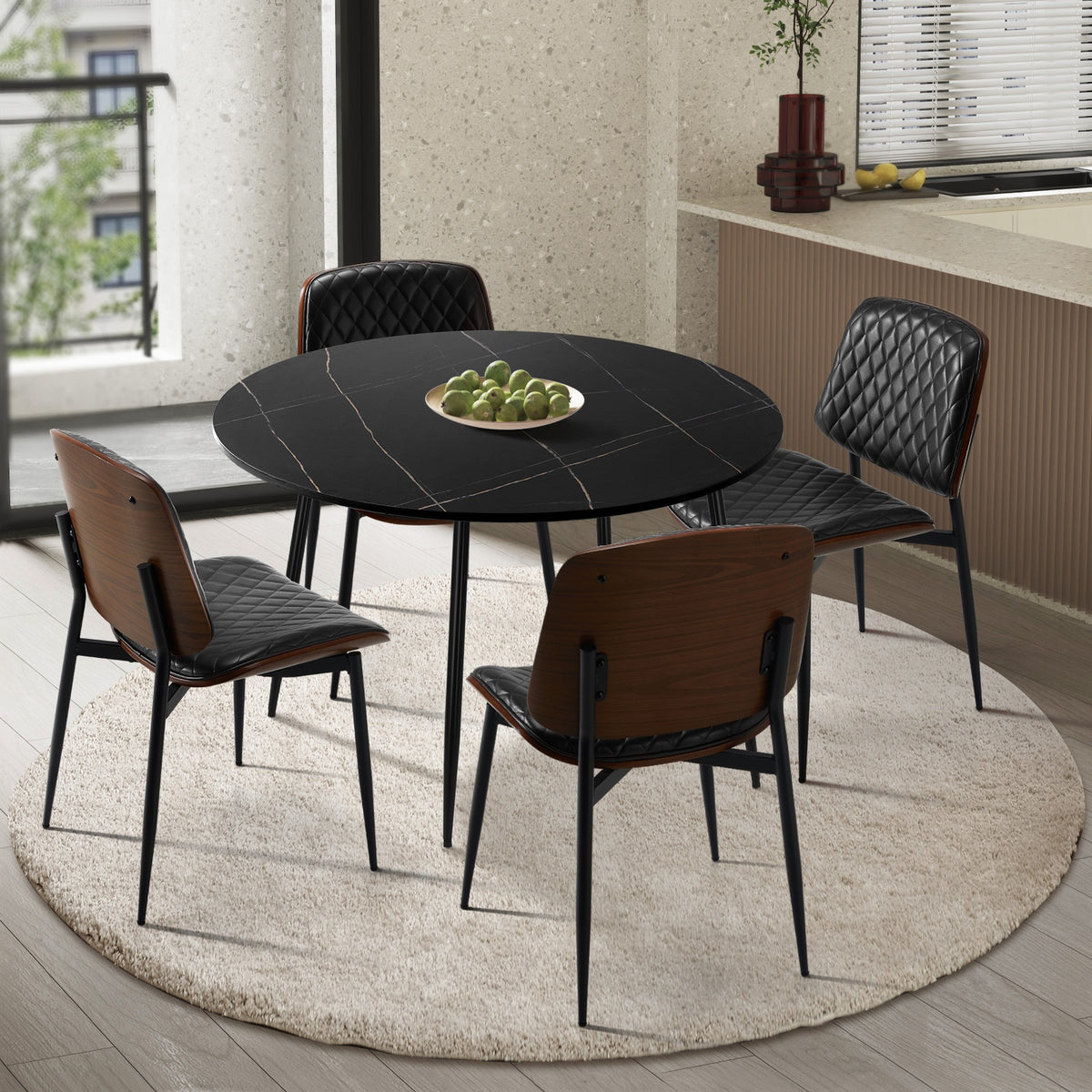 Oikiture 110cm Round Dining Table with 4PCS Dining Chairs Solid Wooden Black - Sunyee