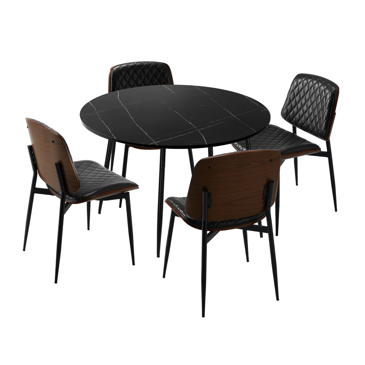 Oikiture 110cm Round Dining Table with 4PCS Dining Chairs Solid Wooden Black - Sunyee