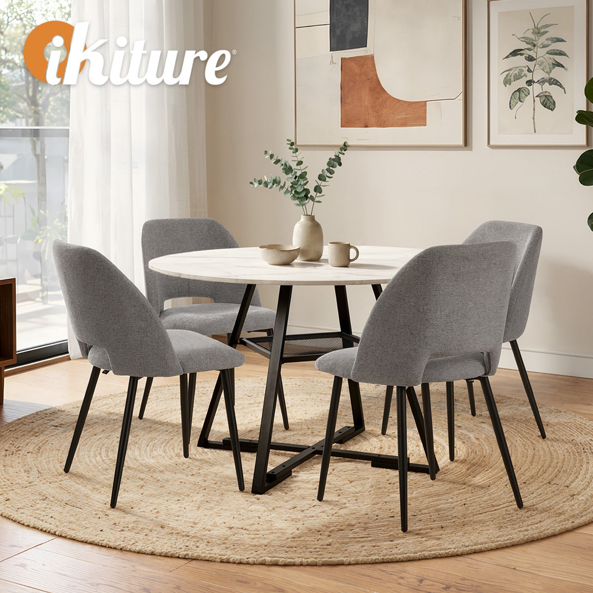 Oikiture 5PCS Dining Table Set Round Marble-Look Table and Chairs Grey Fabric - Sunyee