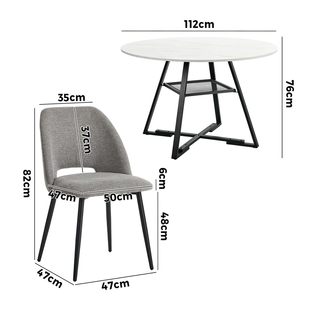 Oikiture 5PCS Dining Table Set Round Marble-Look Table and Chairs Grey Fabric - Sunyee