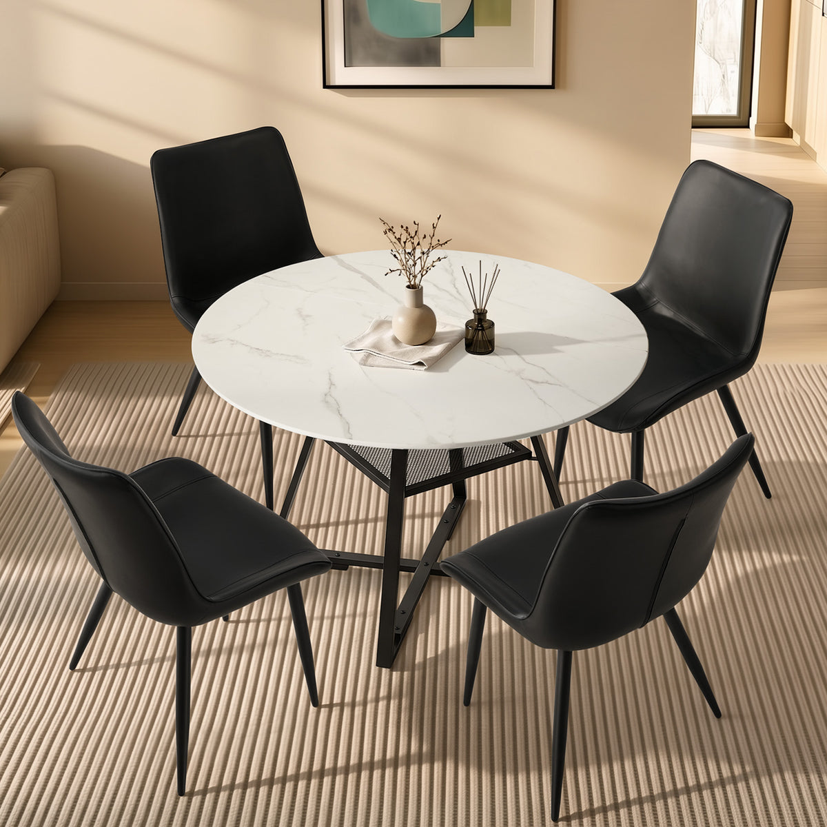 Oikiture 5PCS Dining Table Set Round Marble-Look Table and Chairs PU Leather - Sunyee