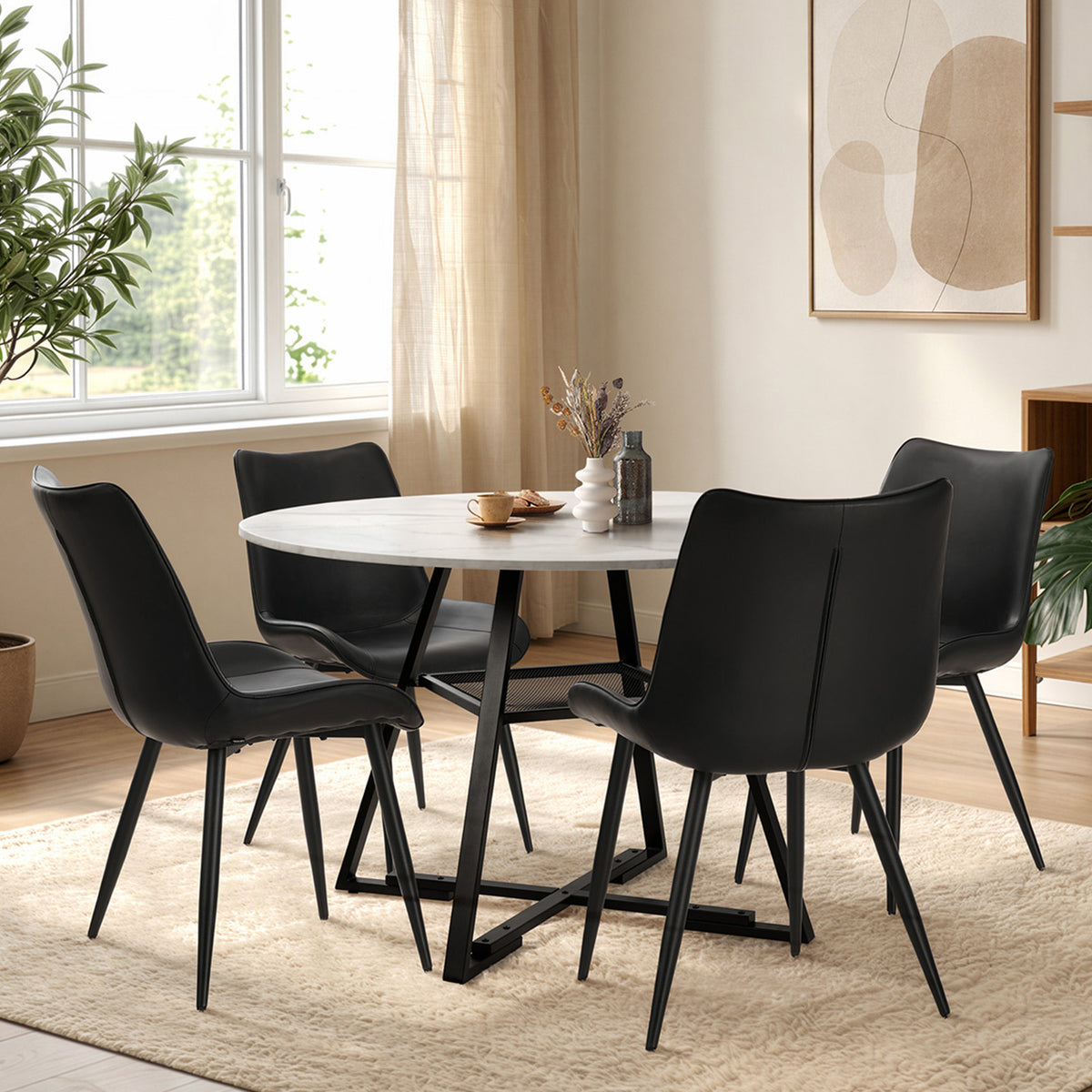 Oikiture 5PCS Dining Table Set Round Marble-Look Table and Chairs PU Leather - Sunyee