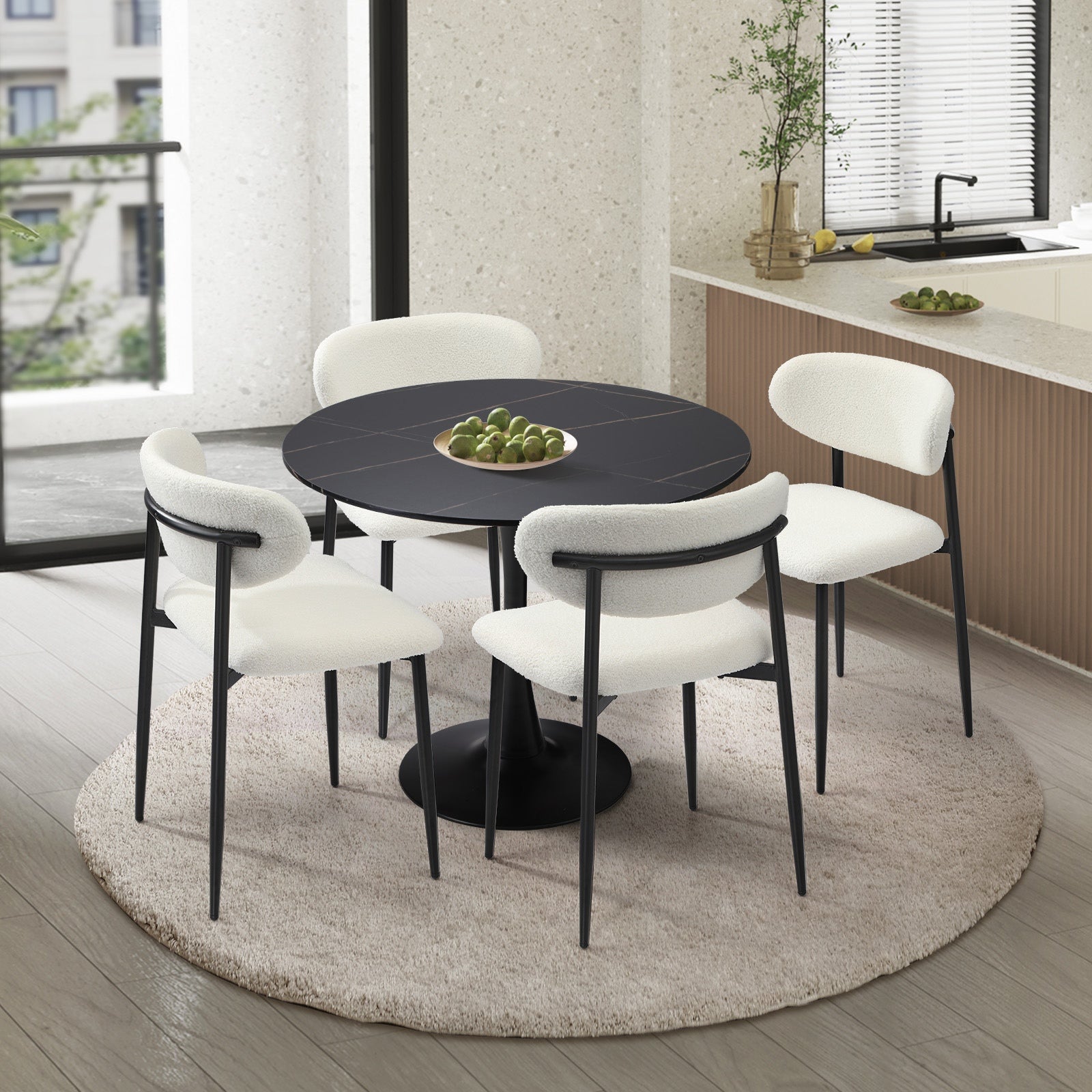 Oikiture 90cm Round Dining Table with 4x Dining Chairs Boucle Black&White - Sunyee
